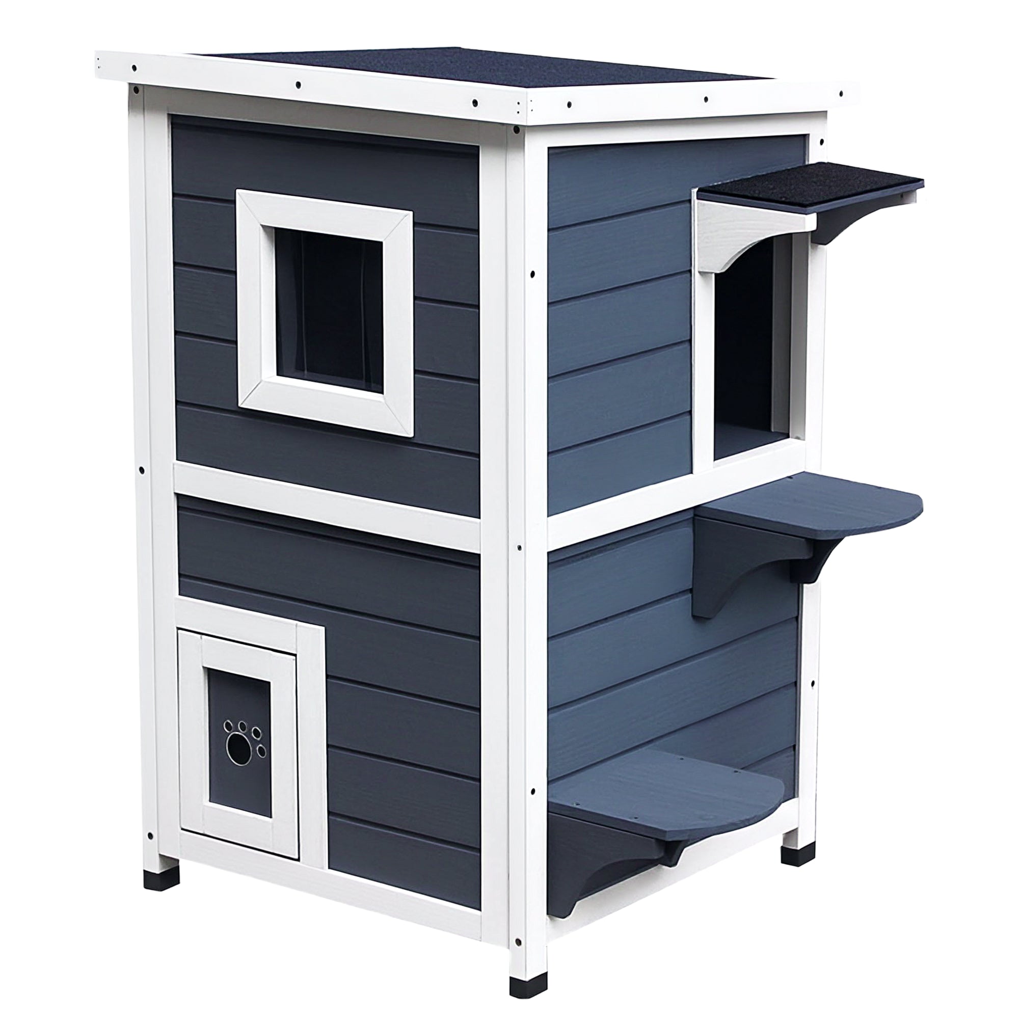 PawHut Katzenhaus aus Holz 2 Etagen Winterfest wasserdicht Katzenhütte mit Asphaltdach Treppen Fenster Katzenhöhle Outdoor Schutzhütte für Draußen Garten Balkon 51 x 51 x 81,3 cm Grau