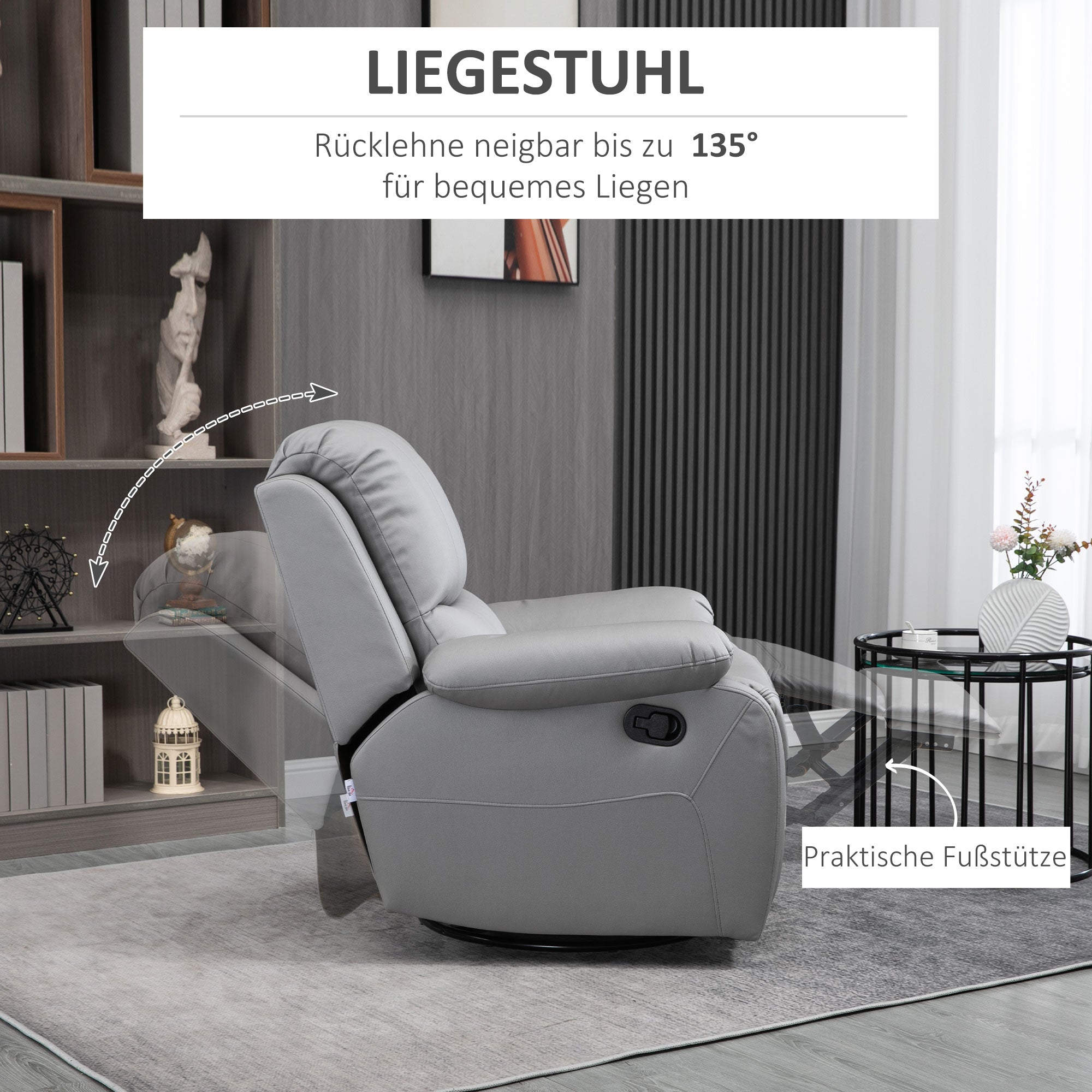 HOMCOM Relaxsessel, Liegesessel, neigbare Rücklehne, drehbar, Wippfunktion, mit Fußstütze, Stahl, grau, 93 x 100 x 98Hcm