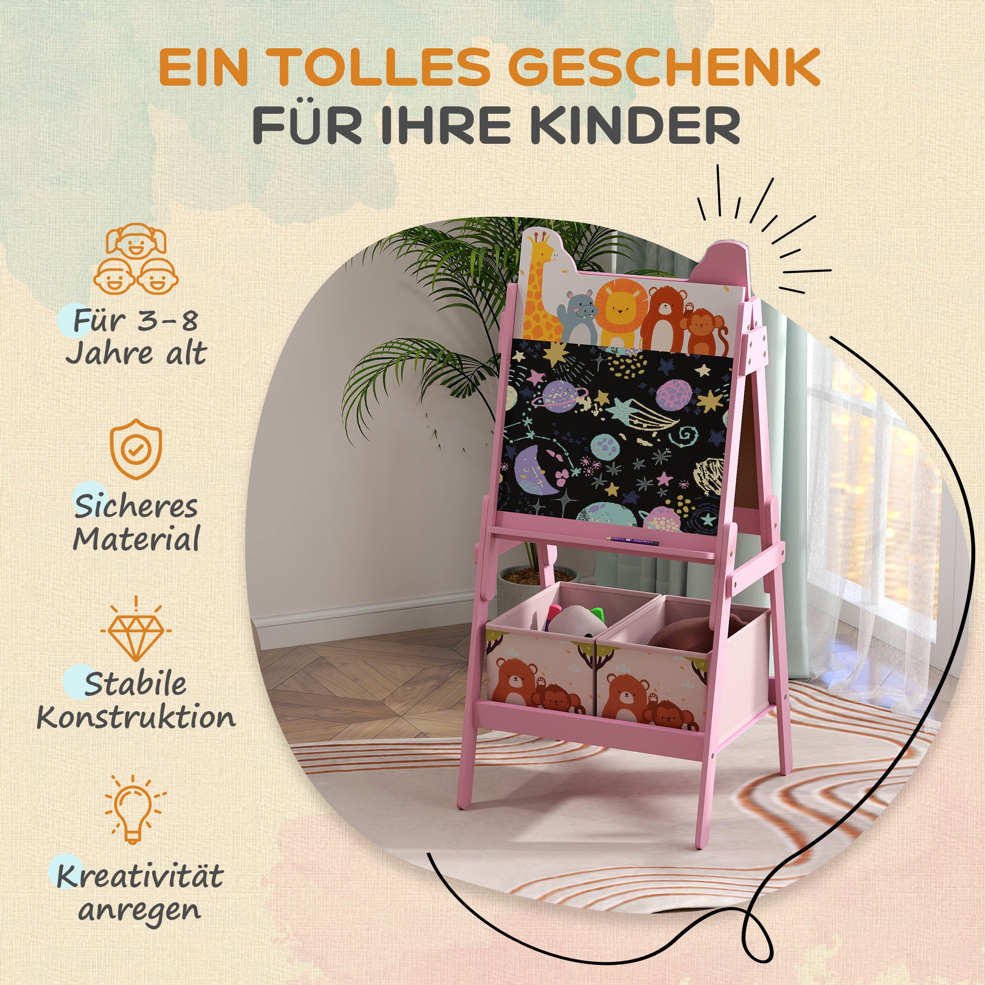 AIYAPLAY 2-in-1 Kindermalstaffelei mit Whiteboard, Kreidetafel, Aufbewahrungsboxen, für Kinder im Alter von 3-8 Jahren, Rosa