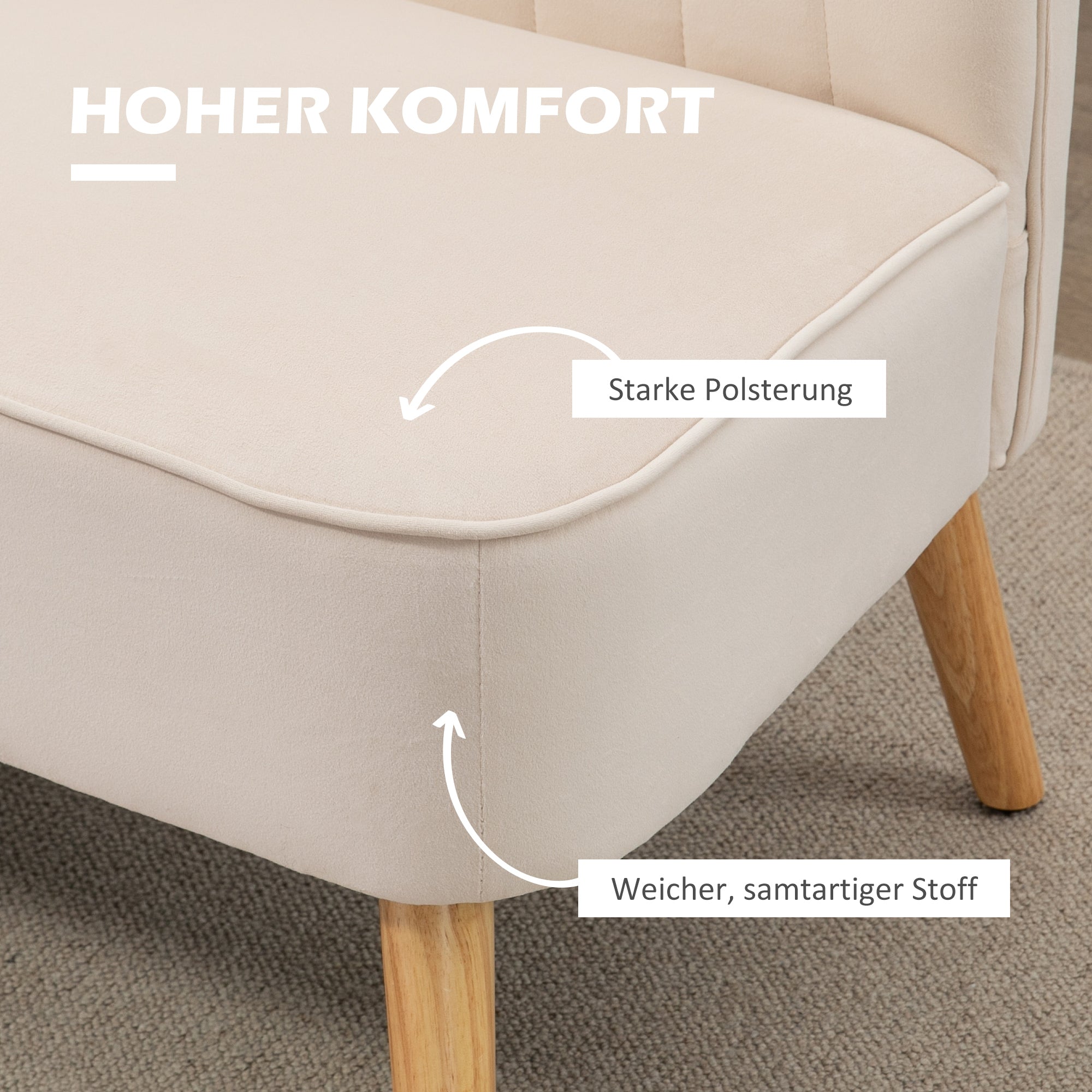 HOMCOM Sofa Retrodesign 2-Sitzer-Sofa, Holzbeine, 117 cm x 56,5 cm x 77 cm, Cremeweiß