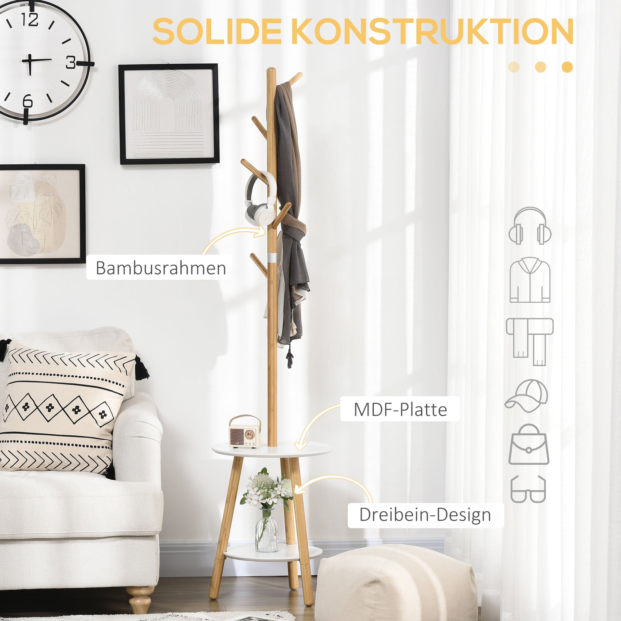 HOMCOM Garderobenständer mit Beistelltisch im Skandi-Design, 5 Kleiderhaken, 39, 5 cm x 39,5 cm x 171 cm, Natur + Weiß