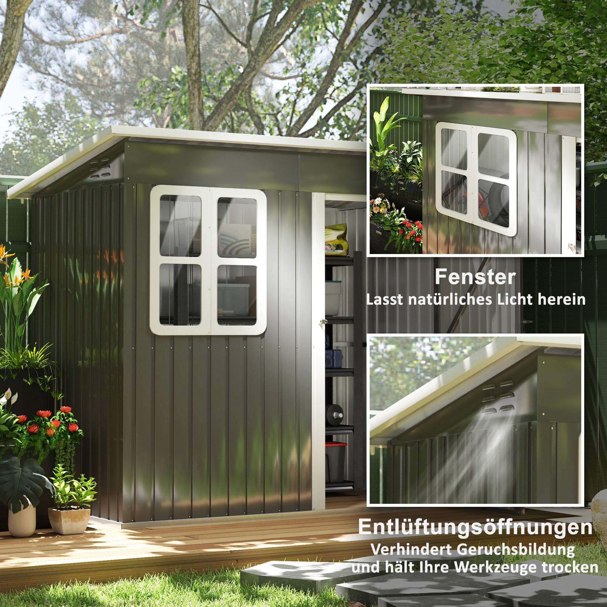 Outsunny Gartenschuppen, Gartenhaus mit Fenster, verschließbare Tür, für Garten, Terrasse, Stahl, 221L x 133B x 190H cm, Grau