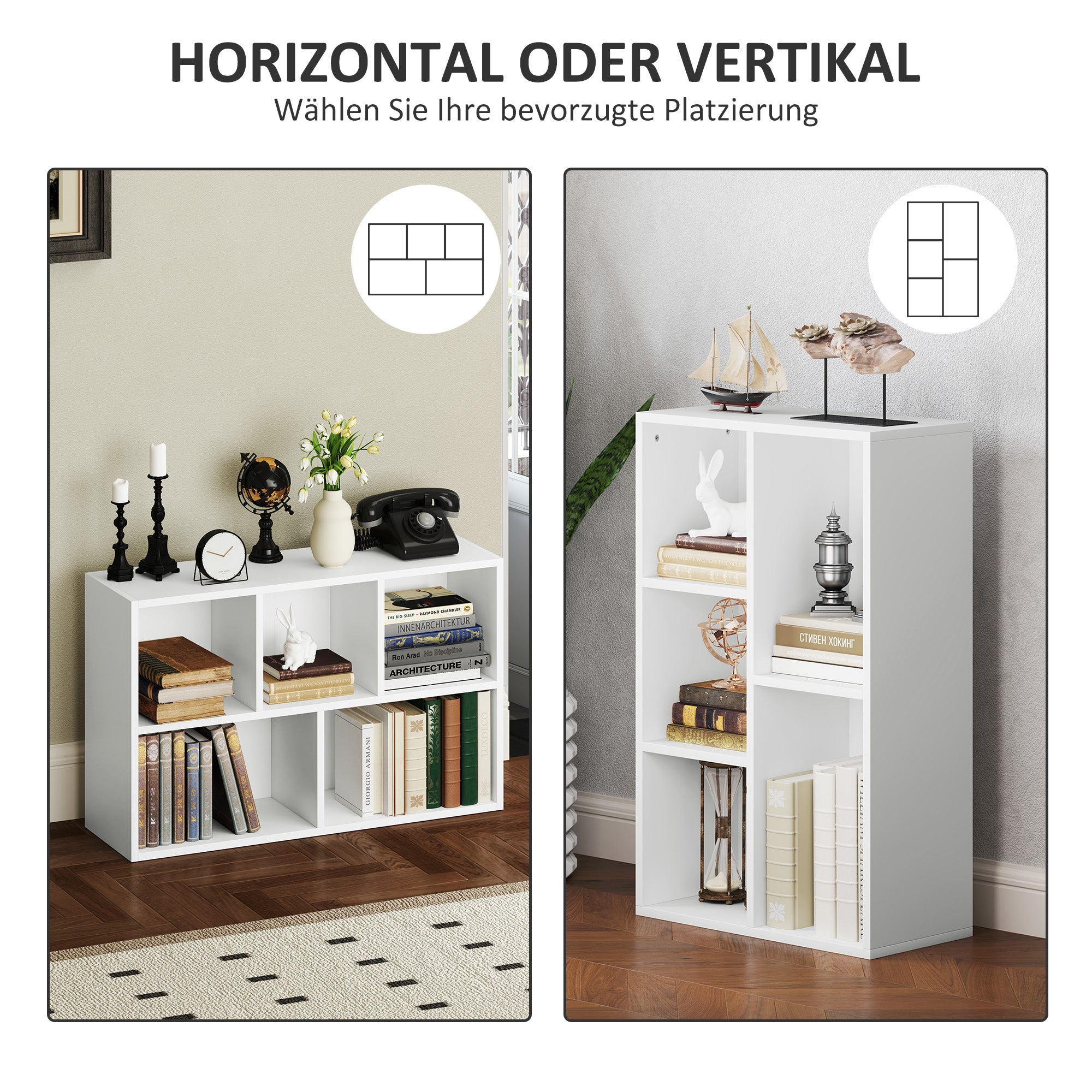 HOMCOM 2-Ebenen-Bücherregal, 5 Fächer, Spanplatte, Aufbewahrungsregal, Weiß