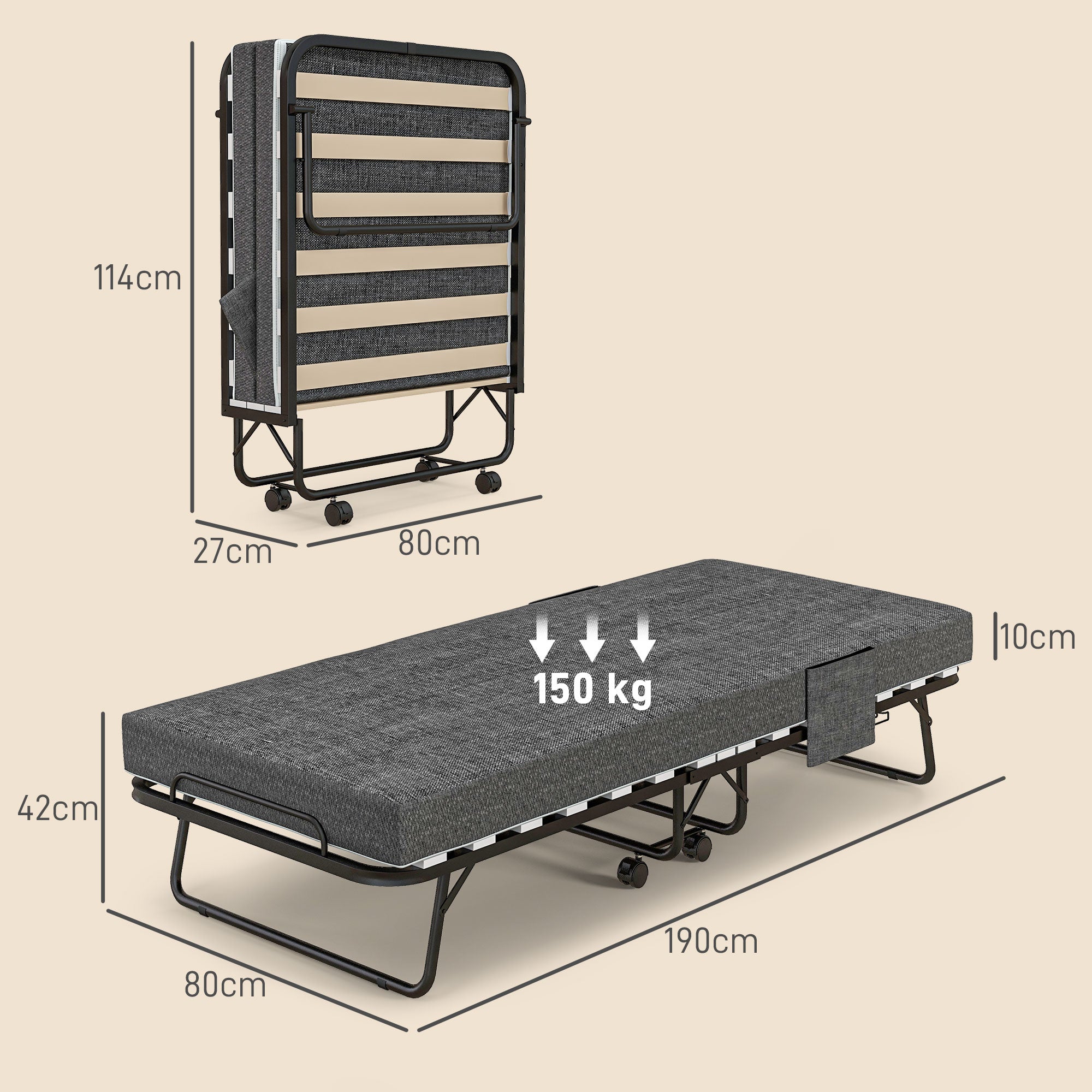 HOMCOM Klappbett, Matratze, 4 Rollen, Metallgestell, bis 150 kg, 190 x 80 x 42 cm, Dunkelgrau