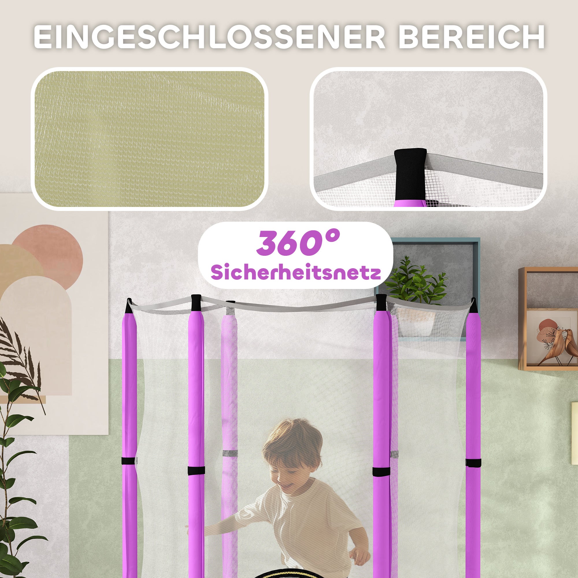 AIYAPLAY Kindertrampolin mit Sicherheitsnetz, für den Innen- und Außenbereich, 3-6 Jahre, Violett
