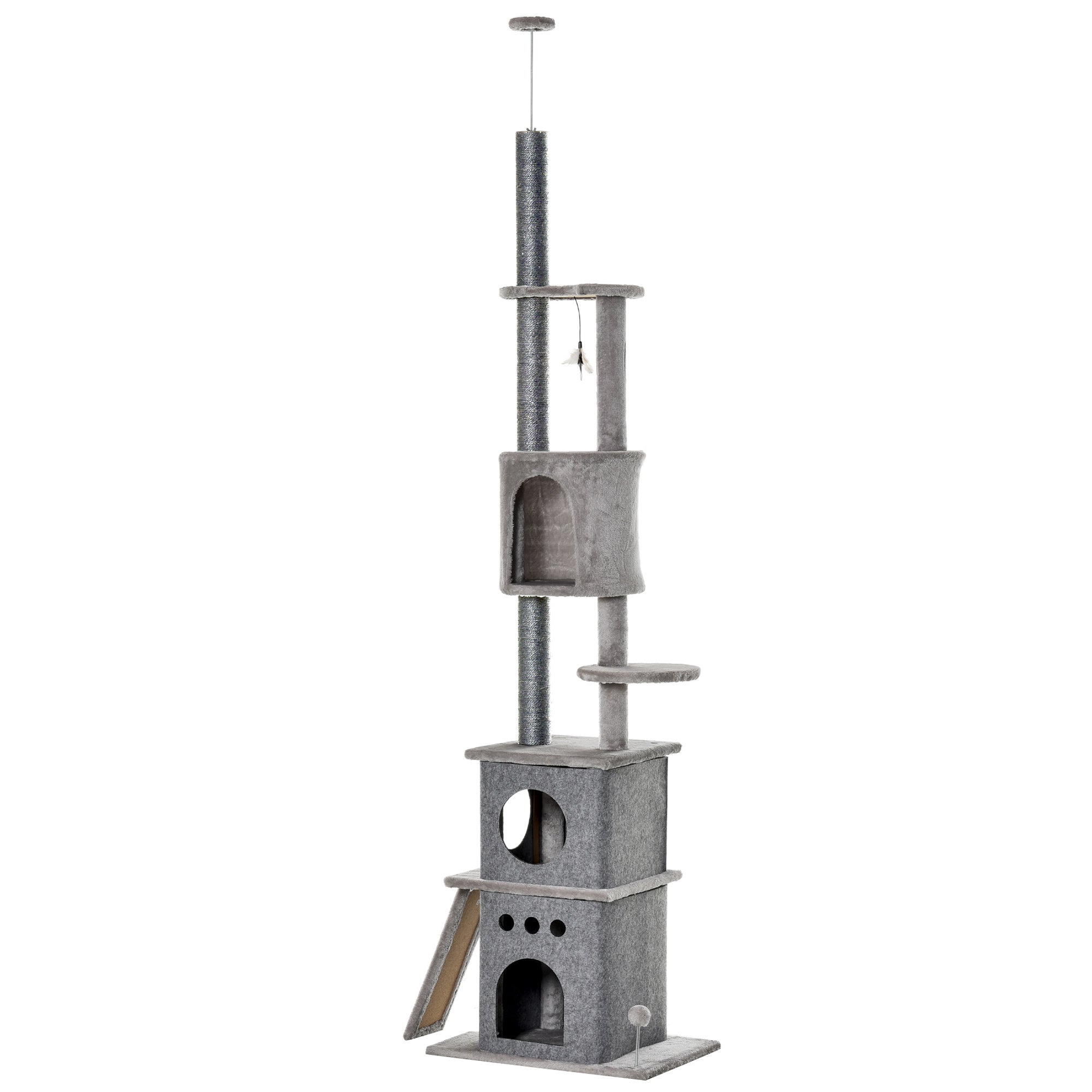 PawHut Kratzbaum Katzenbaum Deckenhoch Kletterbaum mit Katzenspielzeug Sisal Plüsch Hellgrau höhenverstellbar 60 x 40 x 225-255 cm