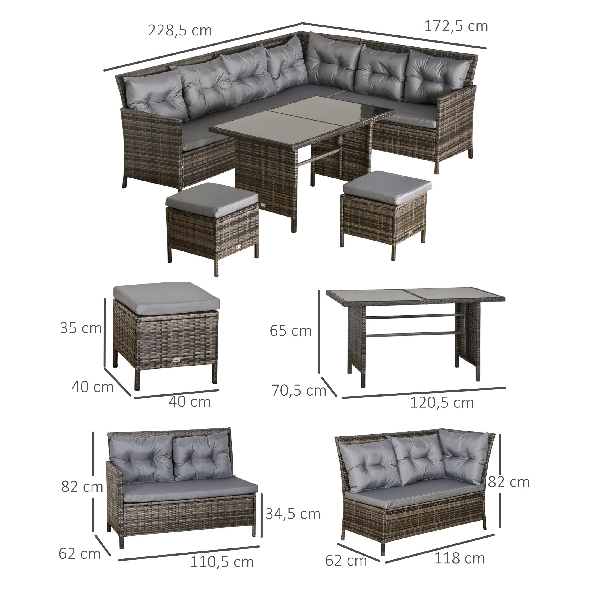 Outsunny Gartenmöbel-Set aus PE-Rattan, für 5 Personen, Rattan-Lounge-Set, abnehmbare Polster, Grau + Braun