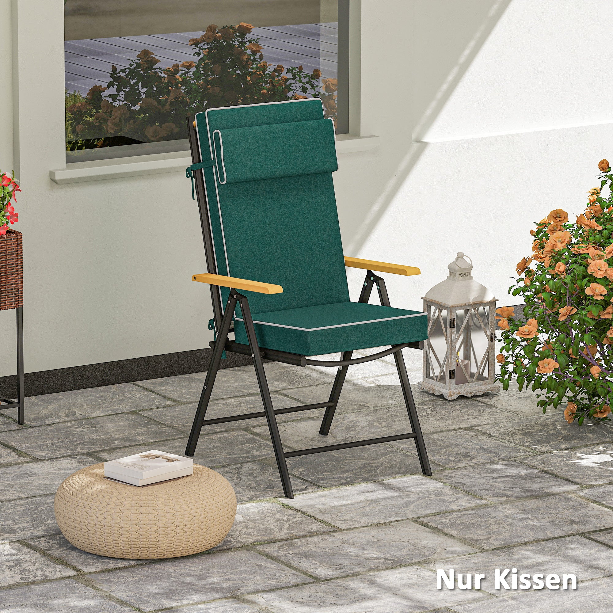 Outsunny Sitzkissen 120 x 47 x 9,5 cm wasserabweisend Stuhlkissen mit Bändern, Kopfstütze, UPF50+ Grün