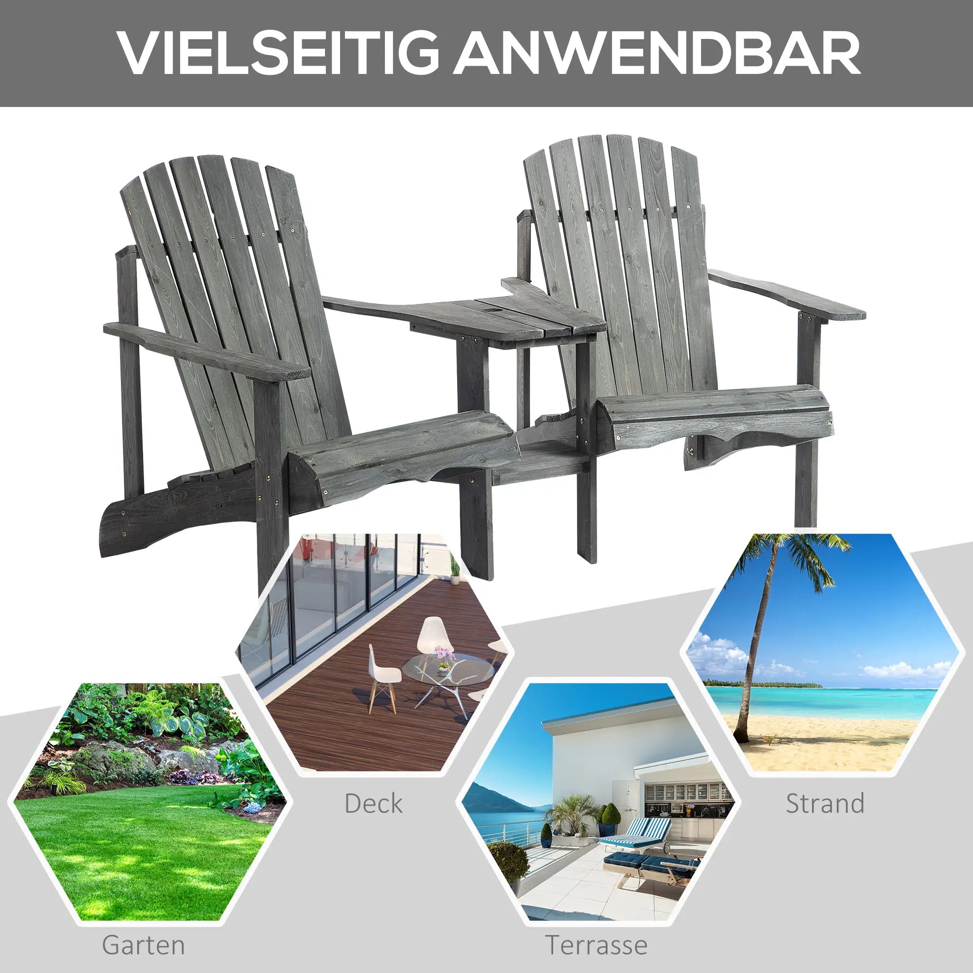 Outsunny Adirondack Gartenstuhl 2er-Set mit Tisch Schirmloch Massivholz