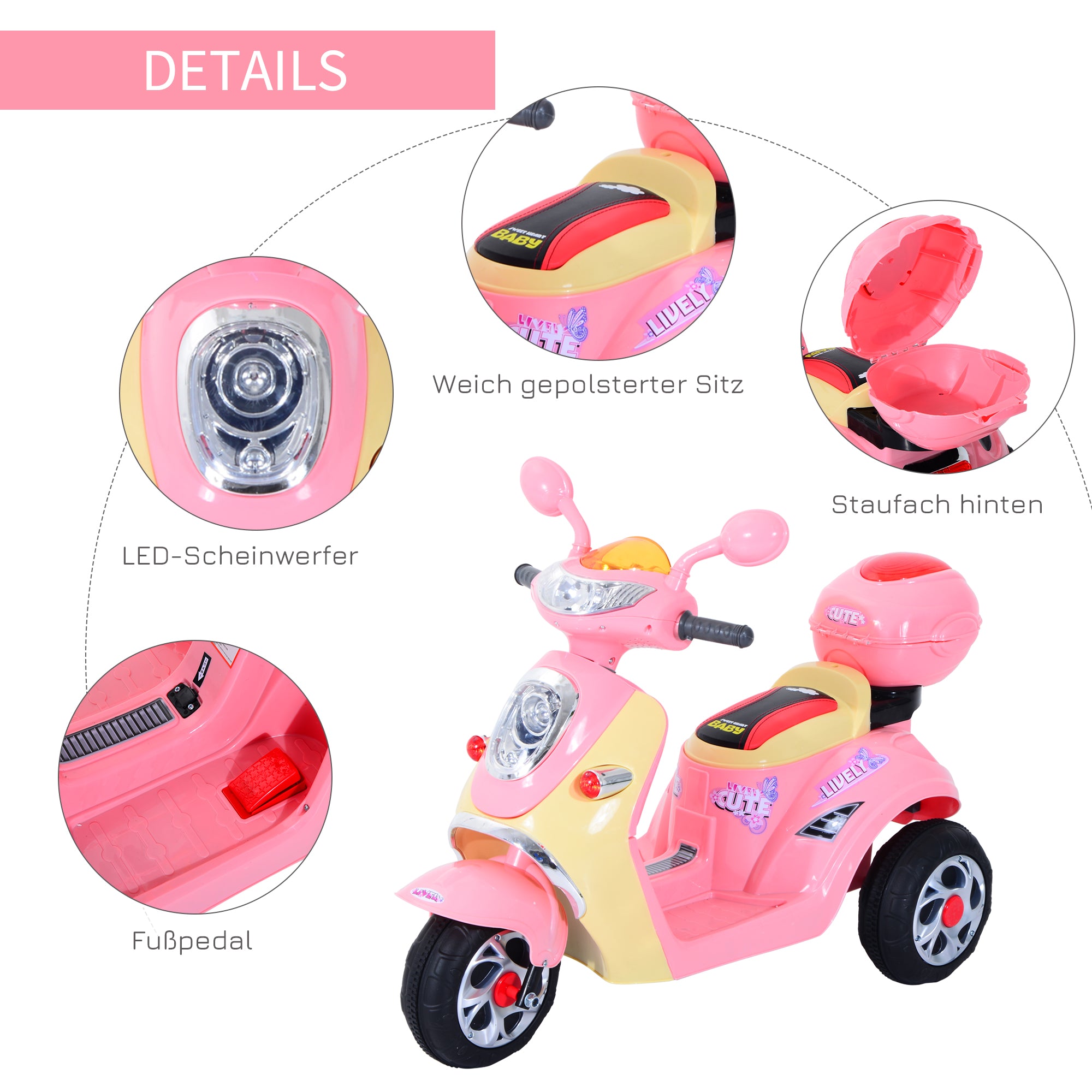 HOMCOM Elektro Kindermotorrad Elektromotorrad Kinderelektroauto Kinderfahrzeug Dreirad, 6V, Metall+PP, 108x51x75cm (Rosa+Gelb)