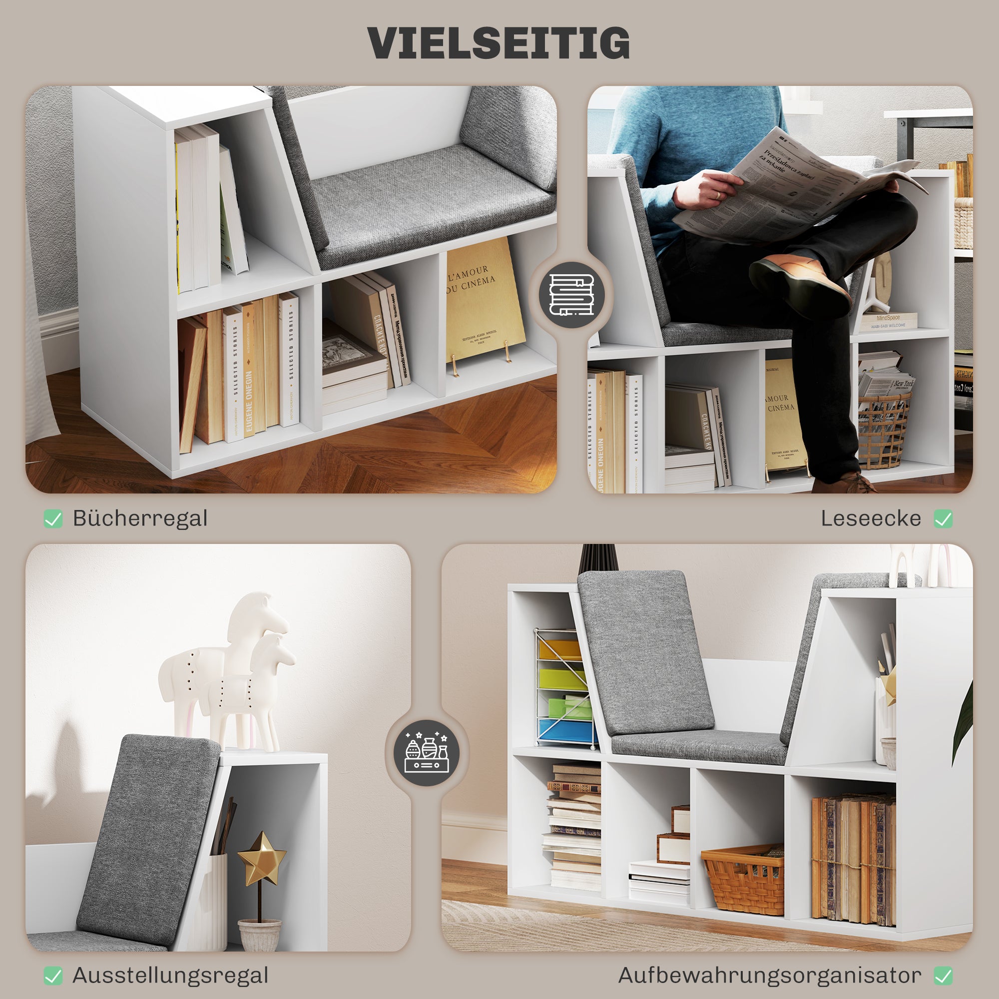 HOMCOM Bücherregal mit Sitzfläche, 6 Fächer, gepolstert, 105 x 30 x 63 cm, Weiß