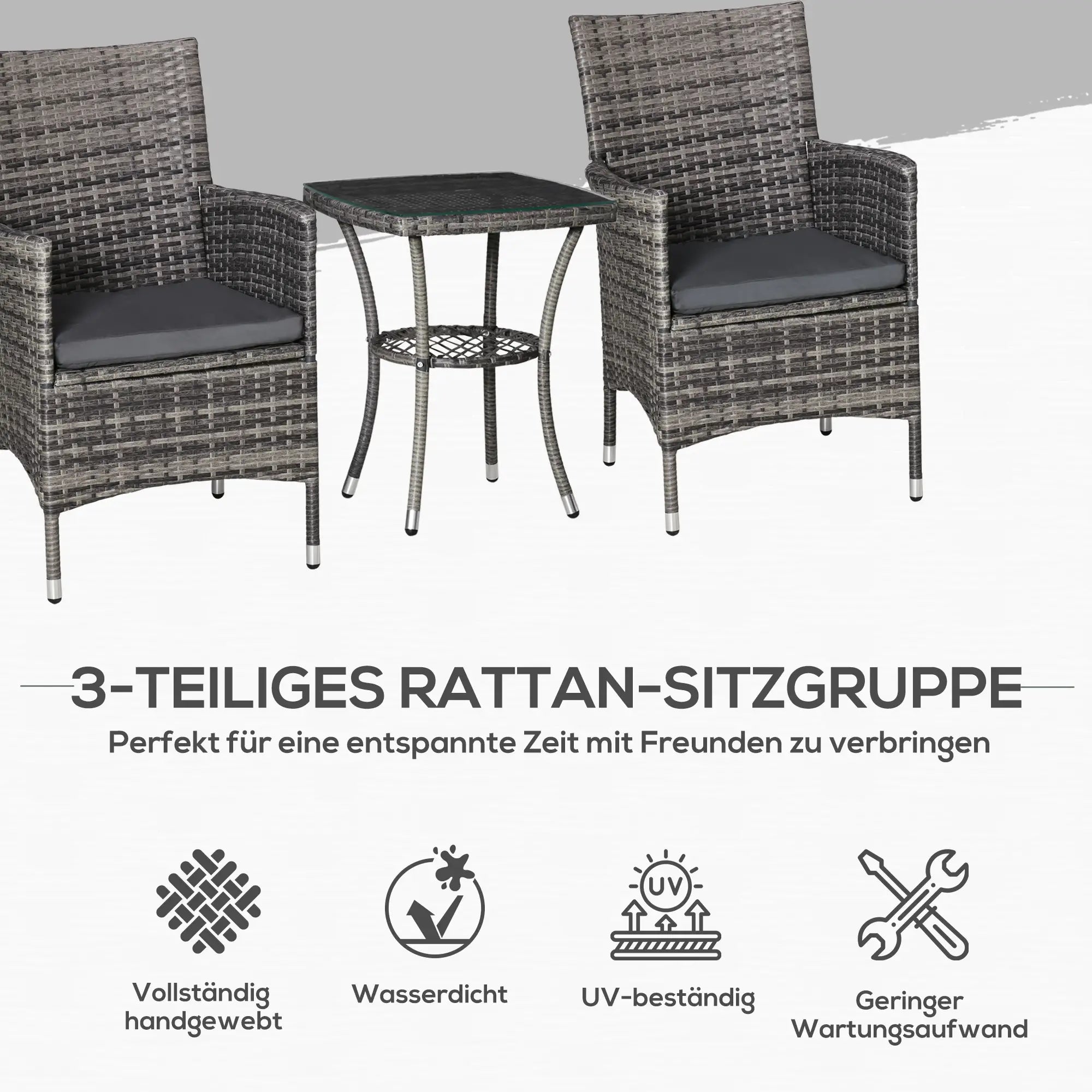 Outsunny Balkonmöbel Set für 2 Personen Sitzgruppe Rattan Gartenset Polyrattan Dunkelgrau