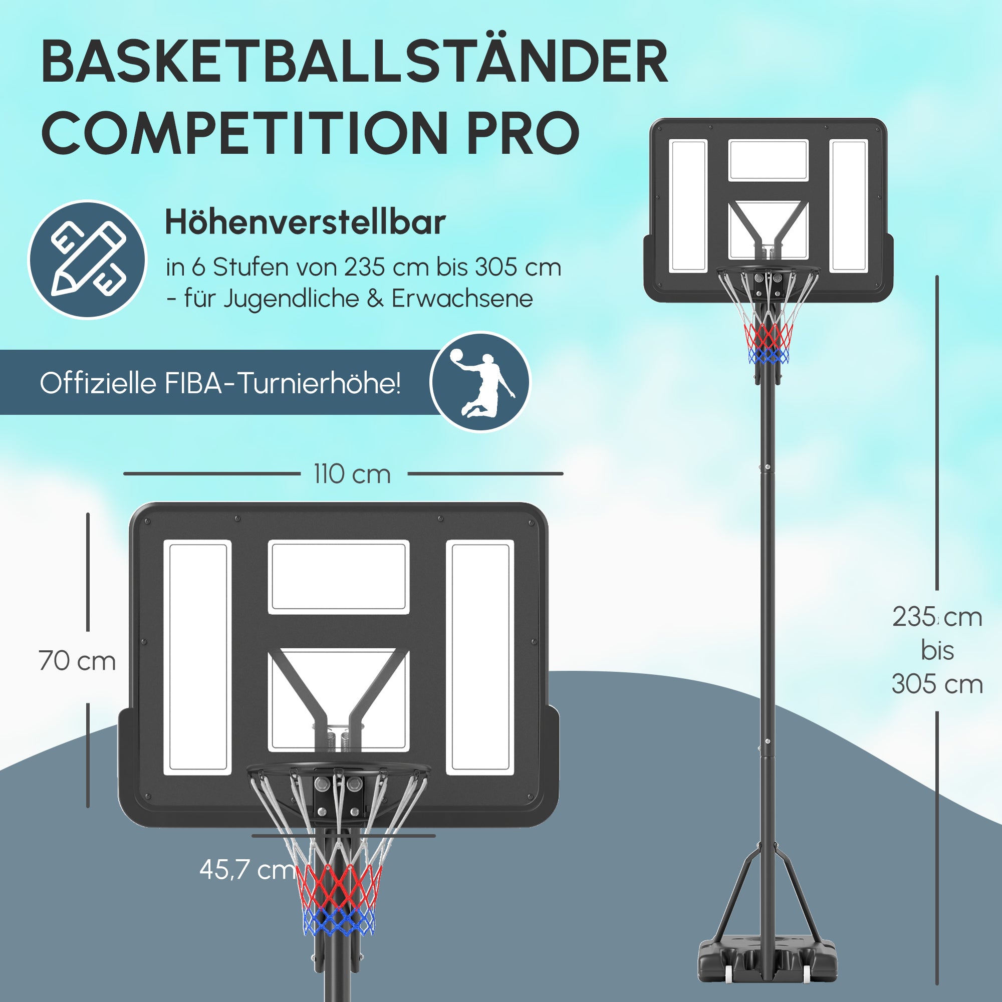 SPORTNOW Basketballständer, höhenverstellbare Korbhöhe 235-305 cm, befüllbare Basis mit Rädern, Schwarz