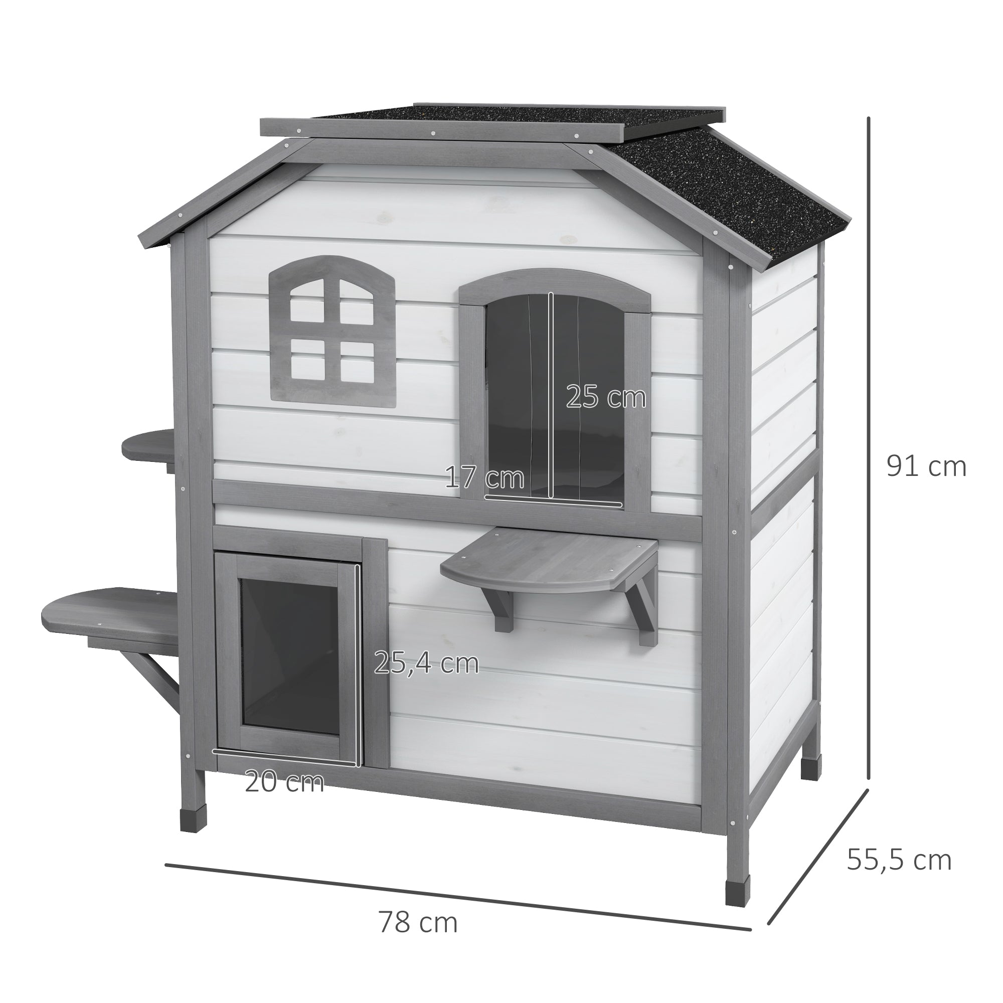 PawHut Katzenhaus Katzenhütte Katzenhöhle, 2 Stockwerke, wetterbeständig, 78,1 cm x 55,2 cm x 90,8 cm, Weiß + Grau