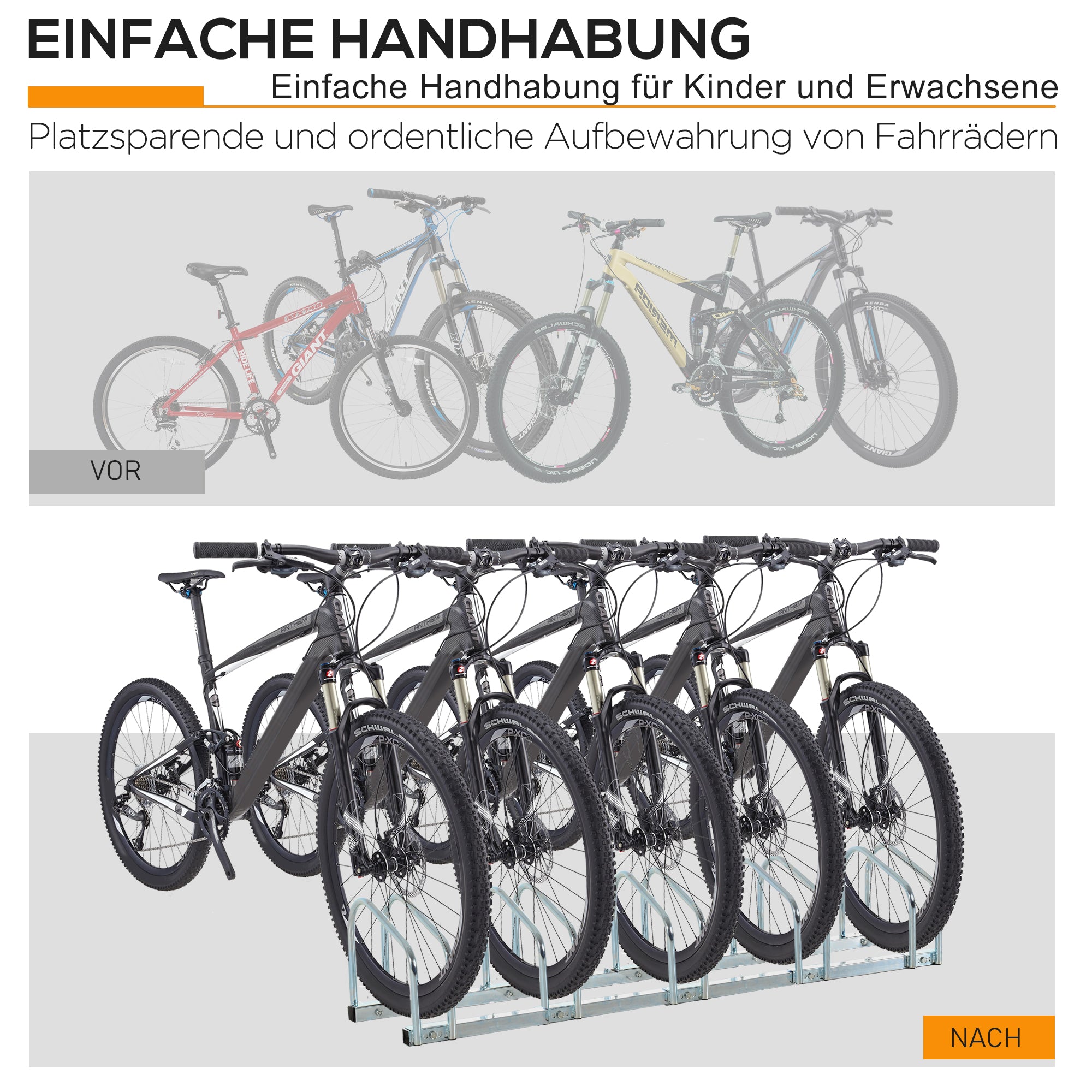 HOMCOM Fahrradständer für 5 Fahrräder, wetterfest, Wand- oder Bodenmontage, Stahl 145 x 33 x 27 cm