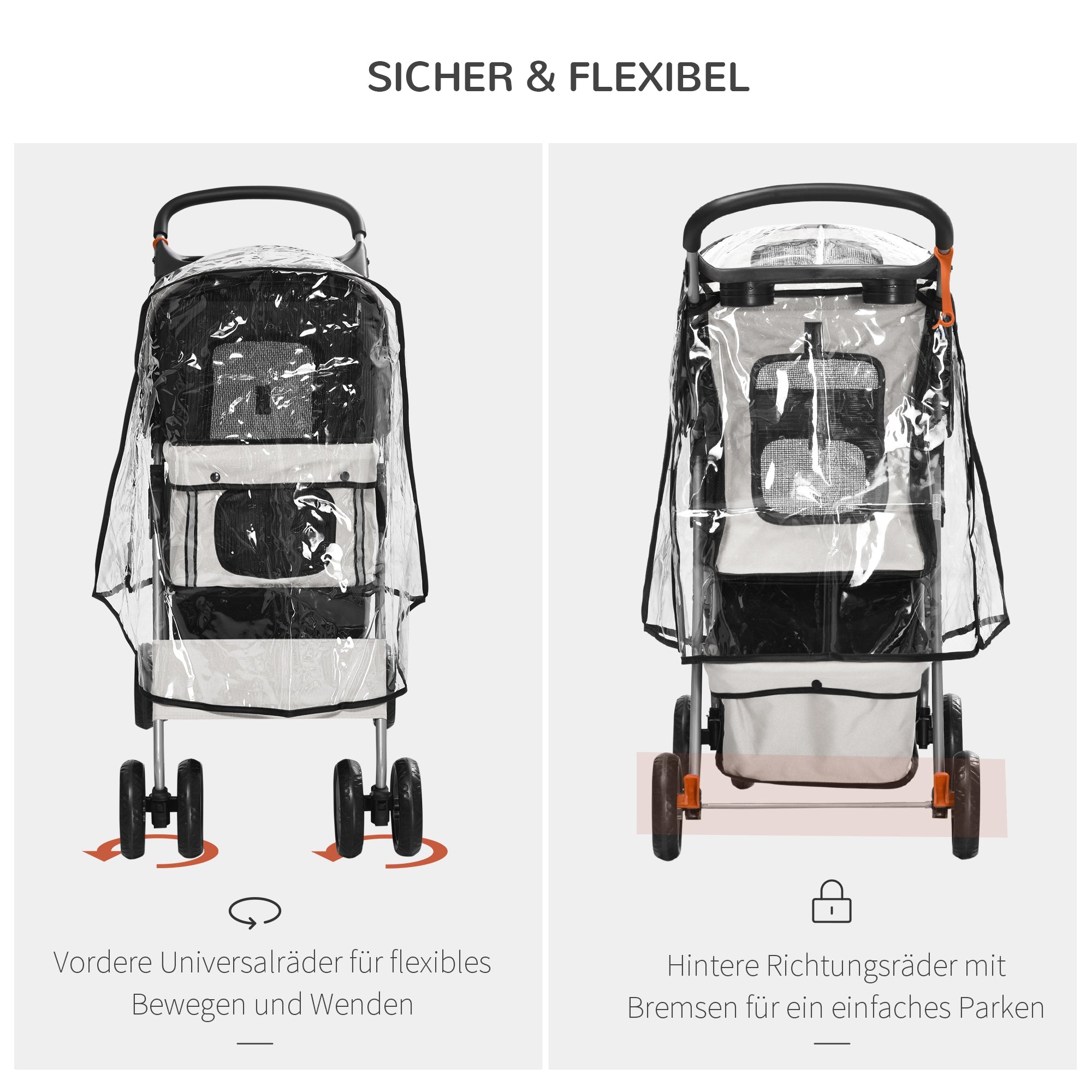 PawHut Hundebuggy Hundewagen bis 10 kg Klappbar Regenschutz Bodenkorb 2 Becherhalter 75 cm x 45 cm x 97 cm Grau