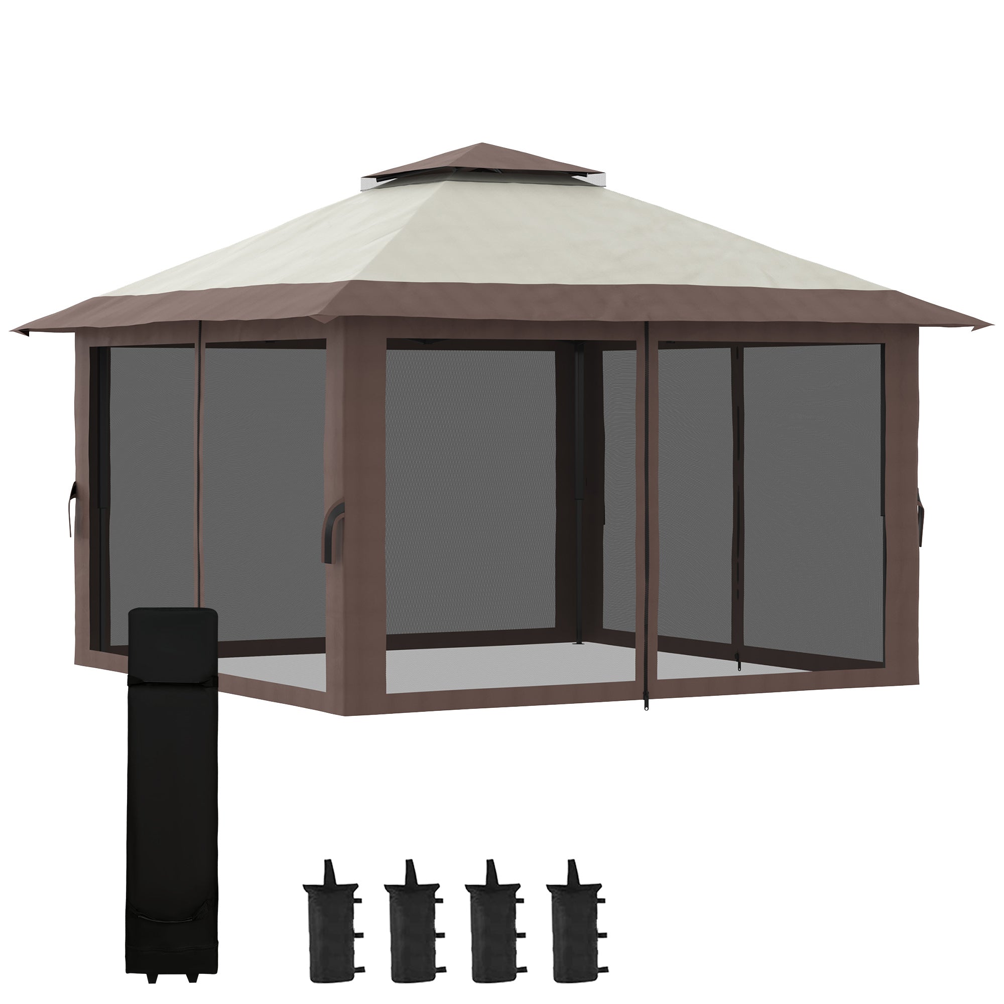 Outsunny Faltpavillon 4x4m UV-Schutz & Netzvorhänge Beige
