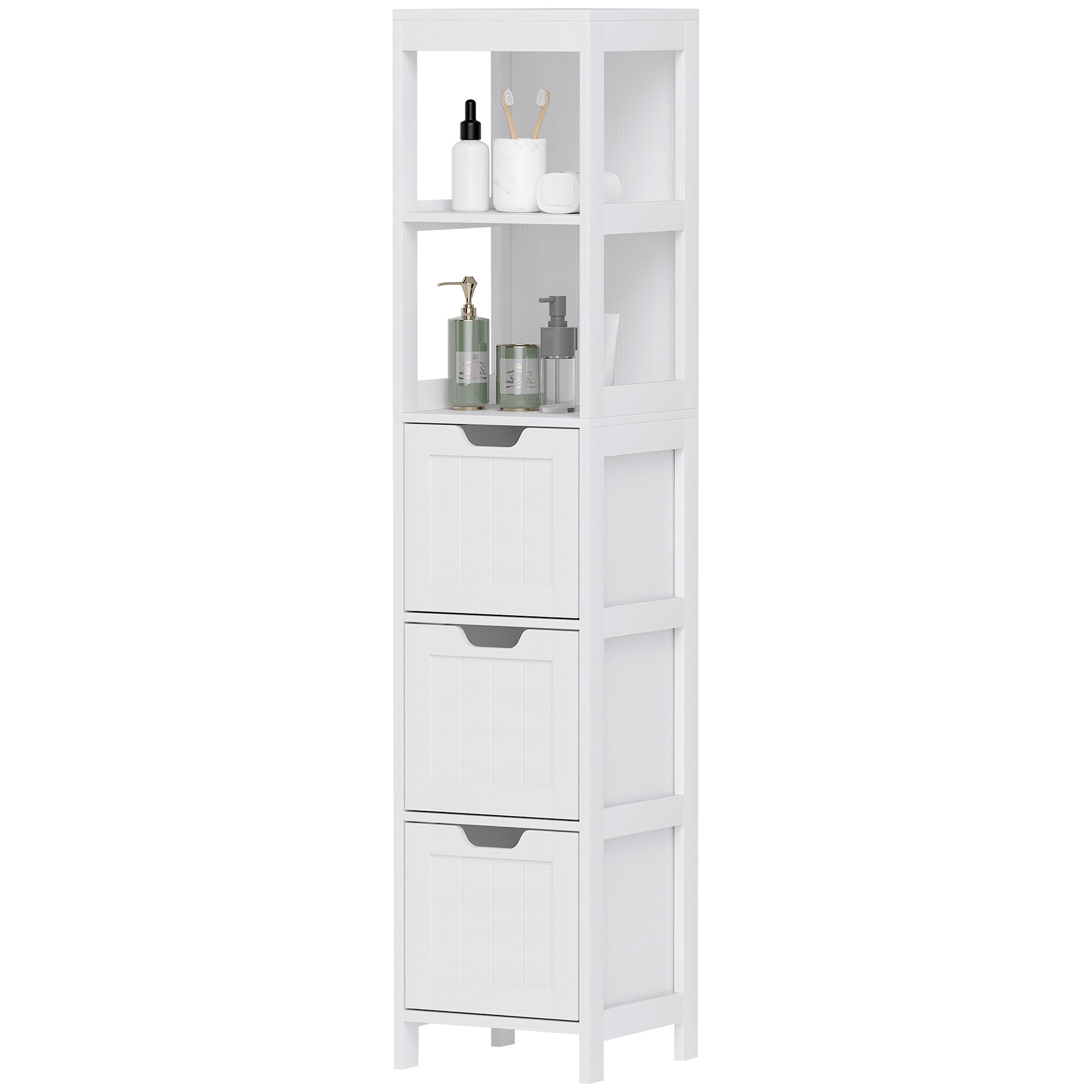 HOMCOM Badezimmerschrank, 2 Regale, 3 Schubladen, wasserabweisendes Material, Weiß