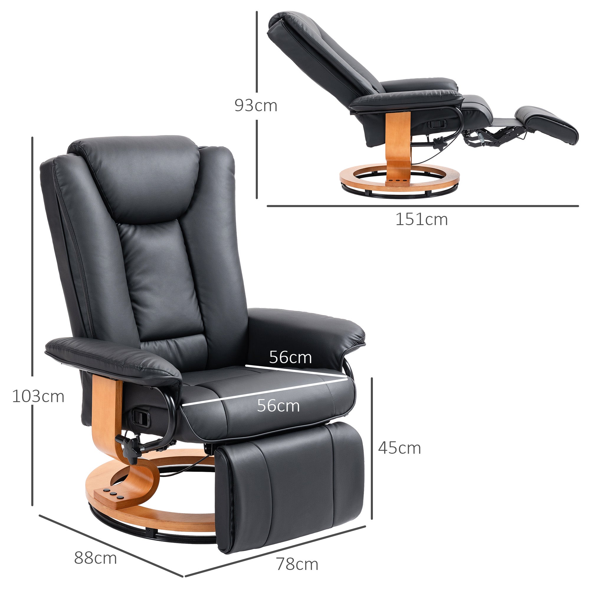 HOMCOM Relaxsessel mit Liegefunktion, drehbar, bis 150 kg, Kunstlederbezug, Stahlrahmen, Schwarz