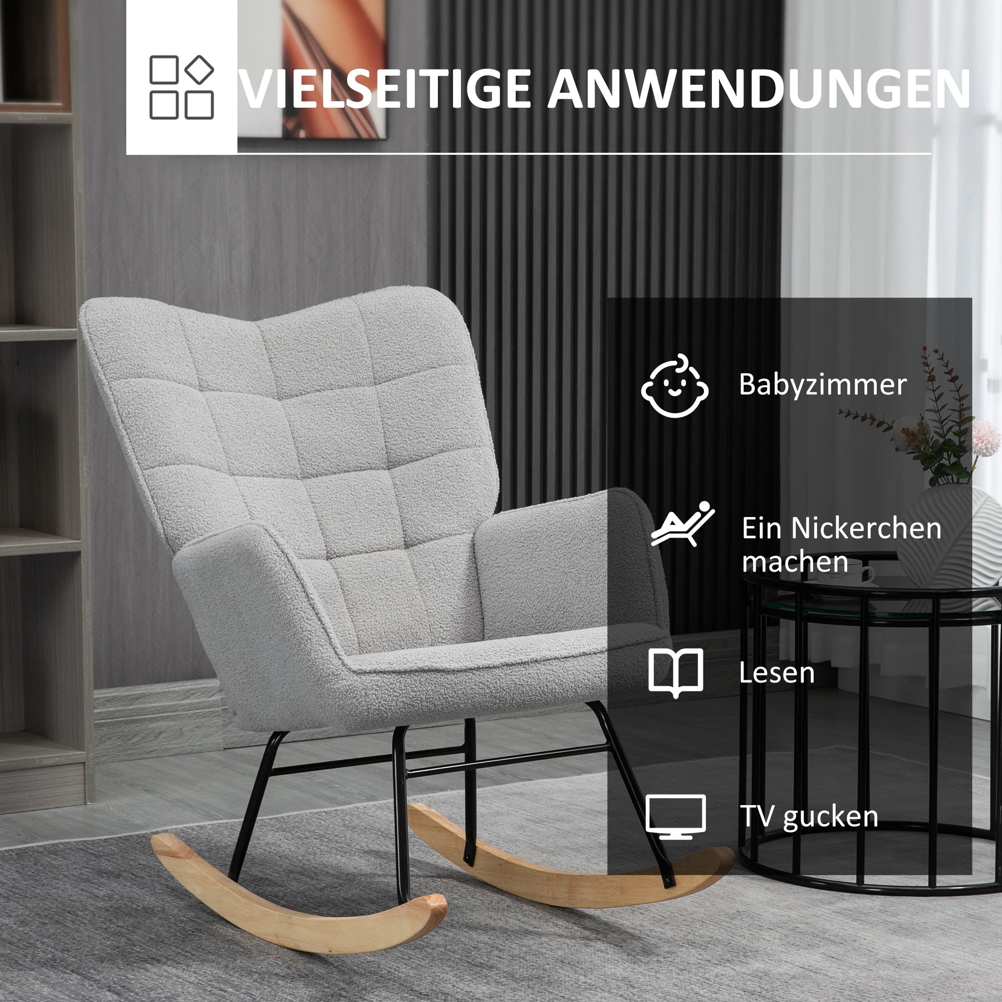 HOMCOM Schaukelstuhl im Retro-Design, Massivholz, Schwingsessel, 71 cm x  92 cm x 101 cm, Hellgrau
