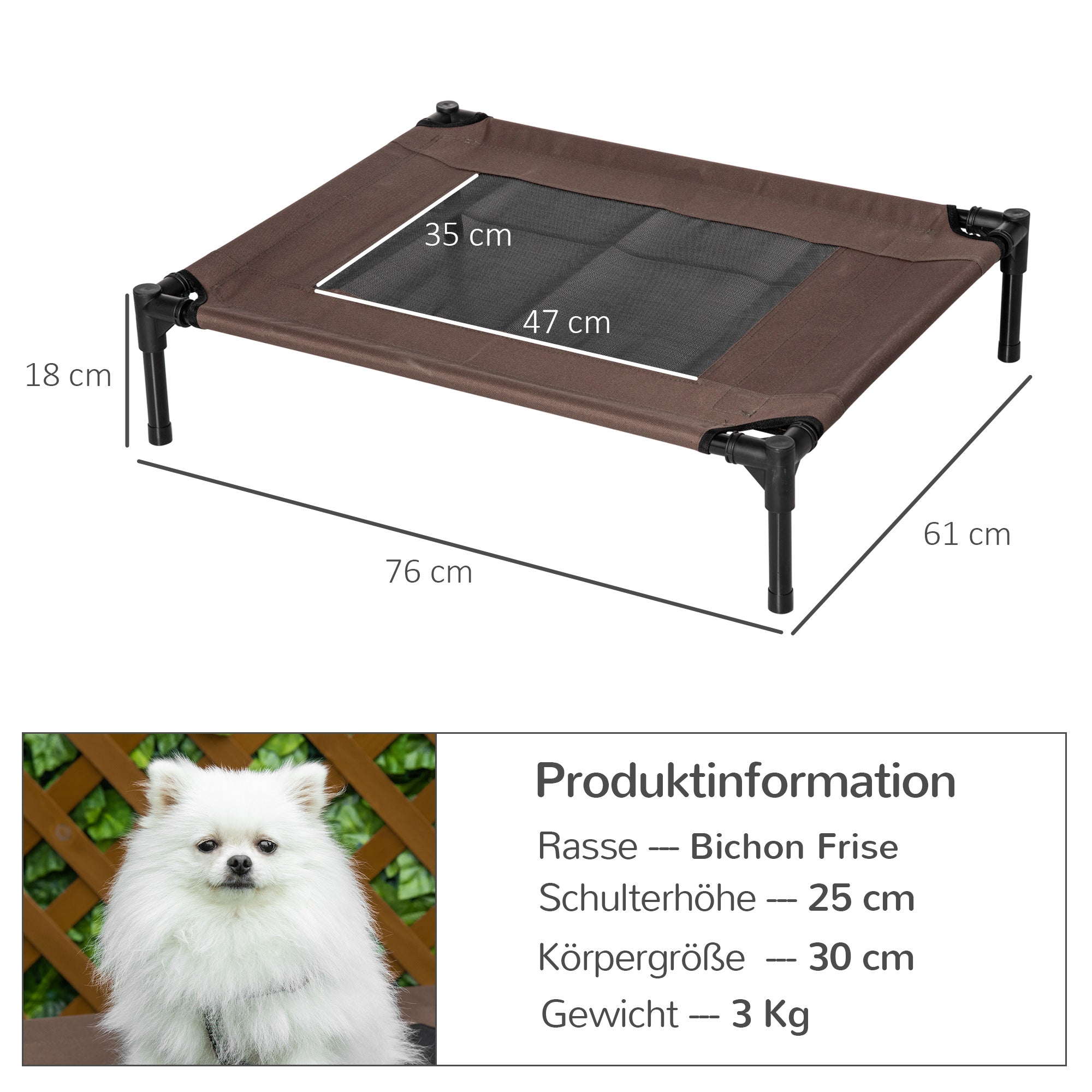 PawHut Hundeliege Outdoor, Erhöhtes Hundebett für Mittelgroße Groß Hunde, stabile Haustierliege mit Waschbares Mesh, Katzenbett Haustierbett Schlafplatz für Draußen Camping, 76 x 61 x 18 cm, Braun