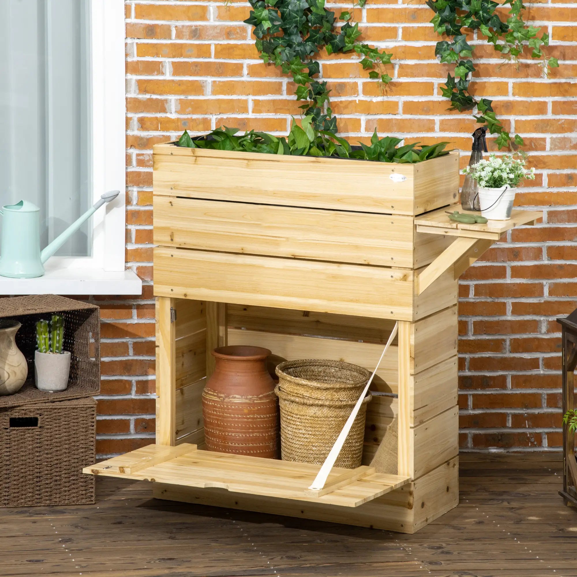 Outsunny Hochbeet Pflanzkasten mit Ablage erhöht Massivholz