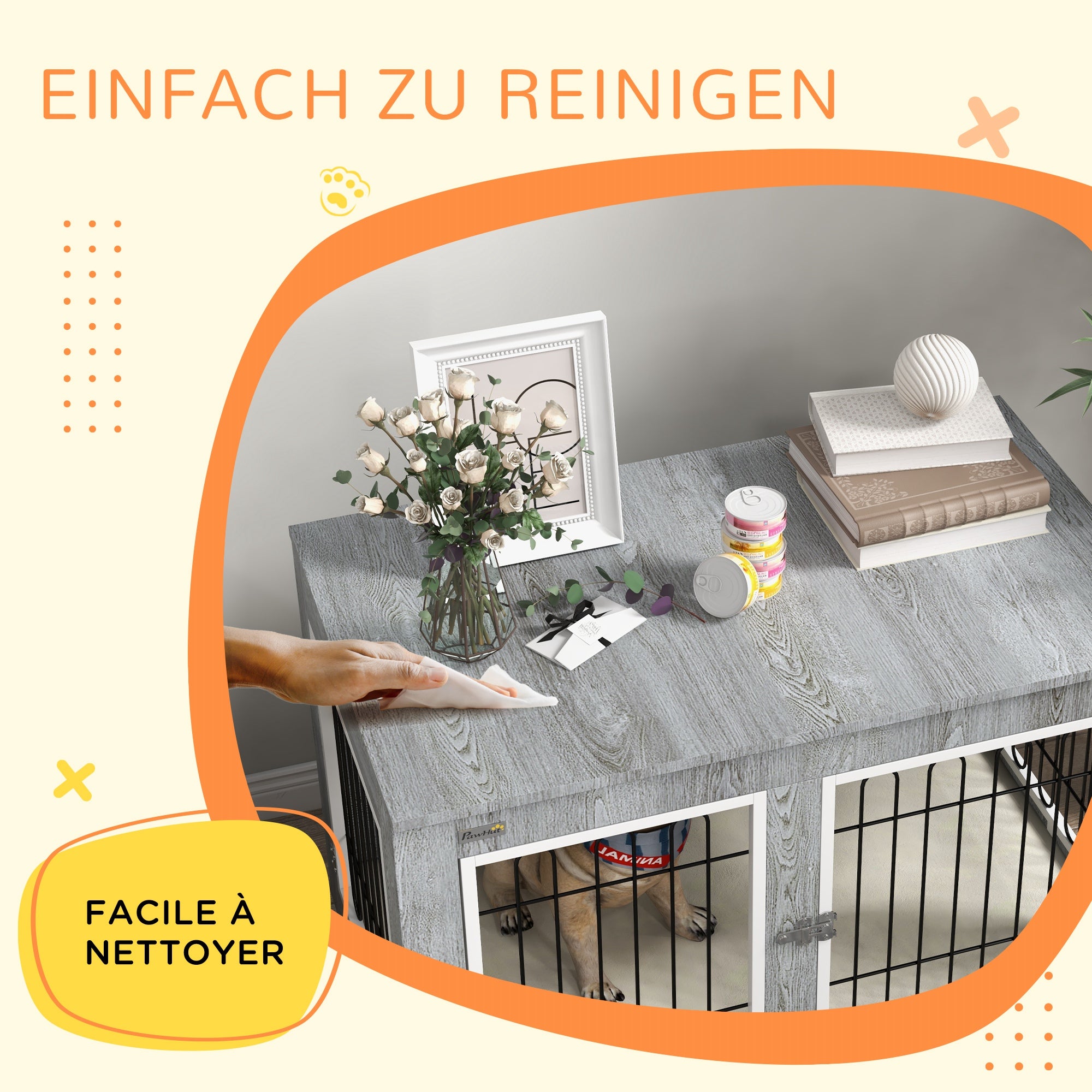 PawHut Hundekäfig Hundebox waschbares Polster, 2 Verriegelungen, 90 cm x 58 cm x 65 cm, Grau