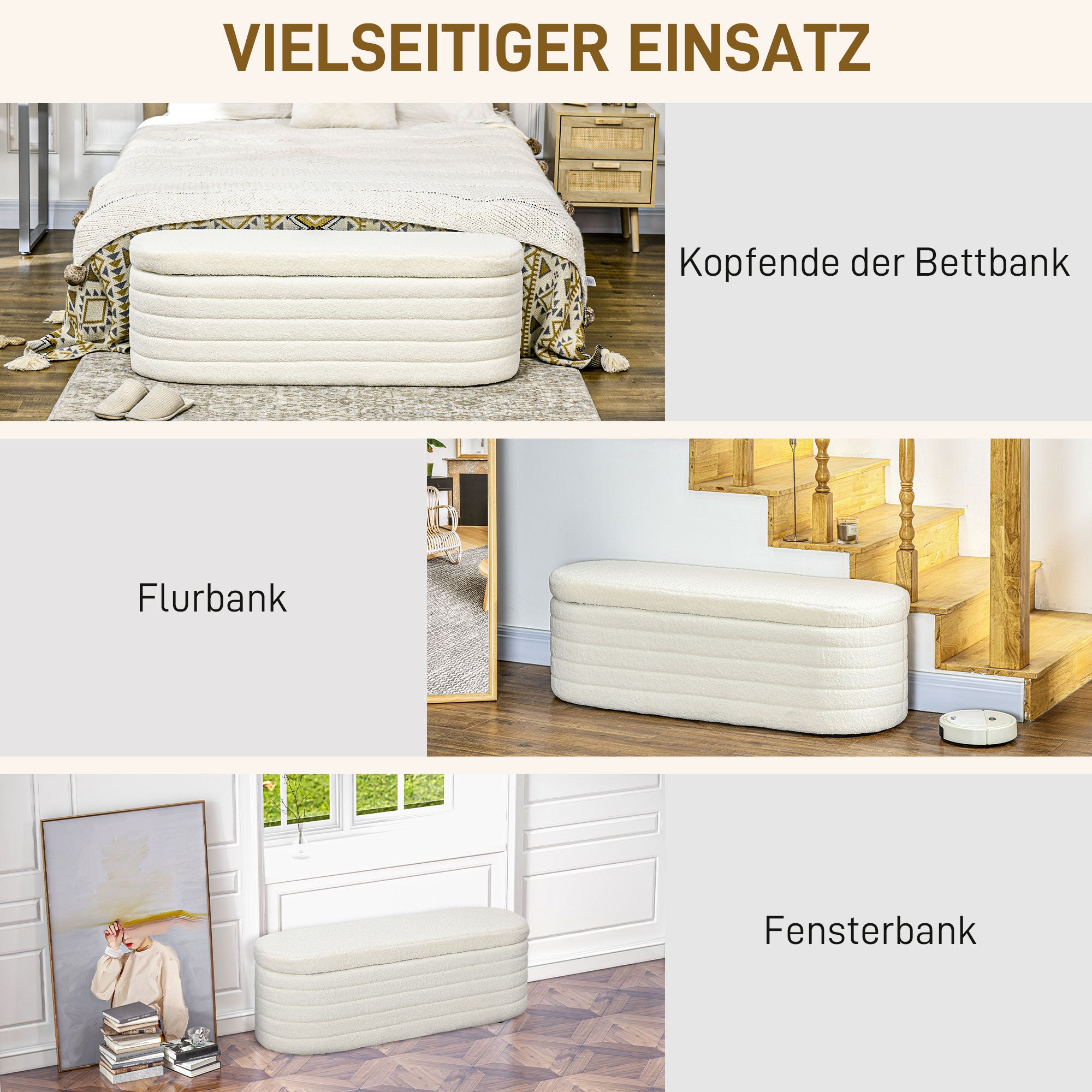 HOMCOM Bettbank, Stauraum, Teddy-Fleece, 116x41x40,5cm, Cremeweiß