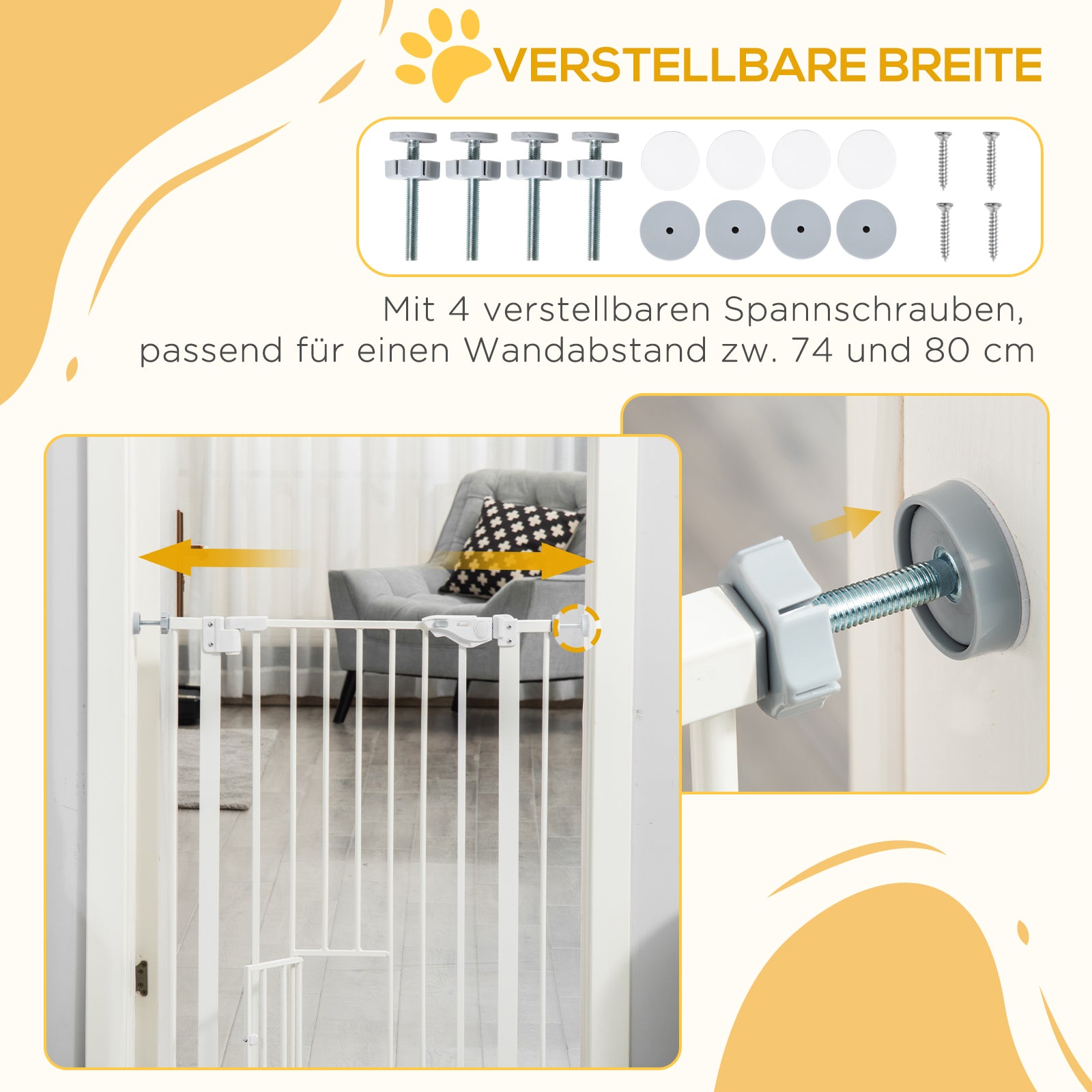 PawHut Türgitter mit Katzenklappe, Montage ohne Bohren, variable Breite 74-80 cm, einhändiges Öffnen, Metall, Weiß