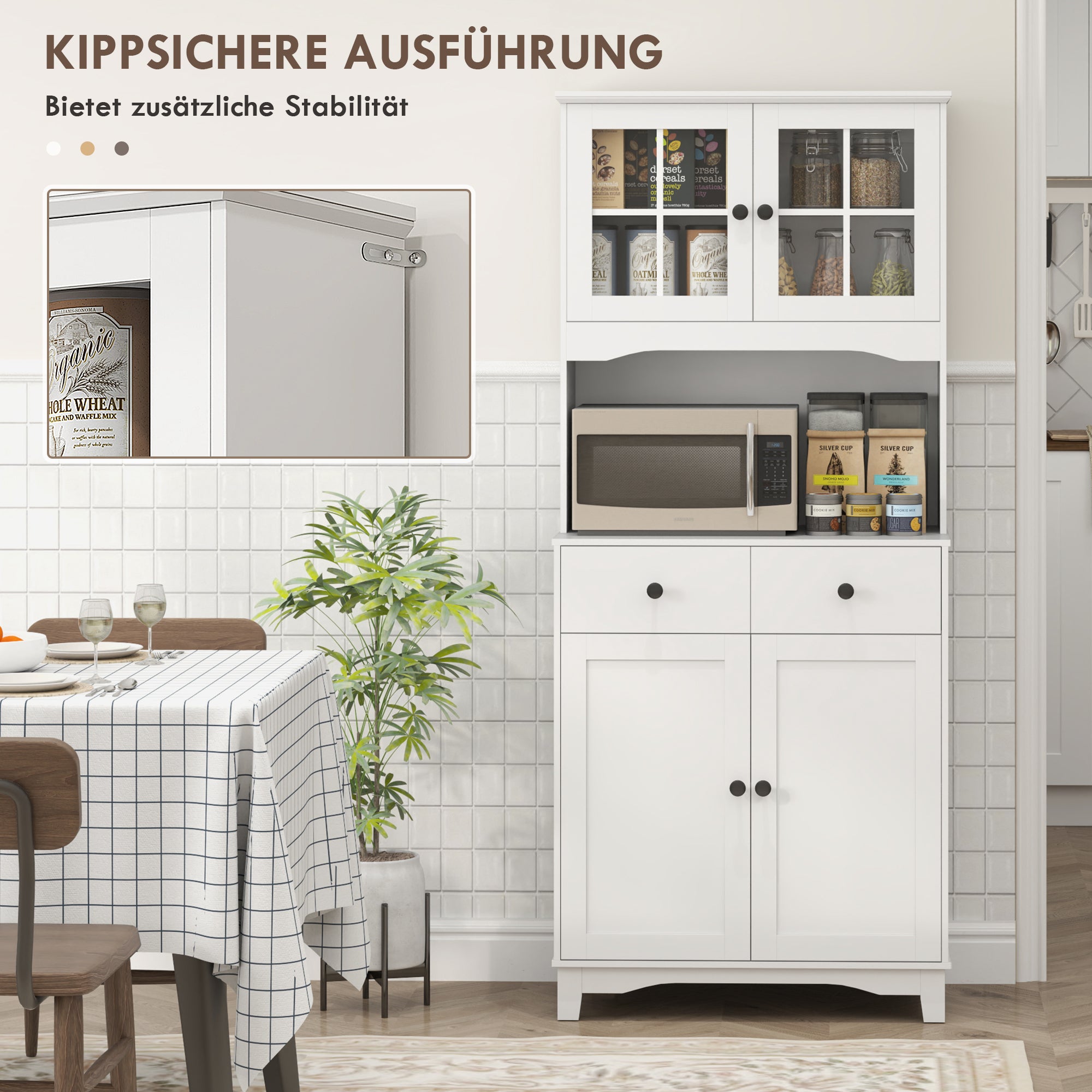 HOMCOM Freistehender Küchenschrank mit Arbeitsplatte für Mikrowelle, Kaffeemaschine, Schränke, Glastüren, Weiß