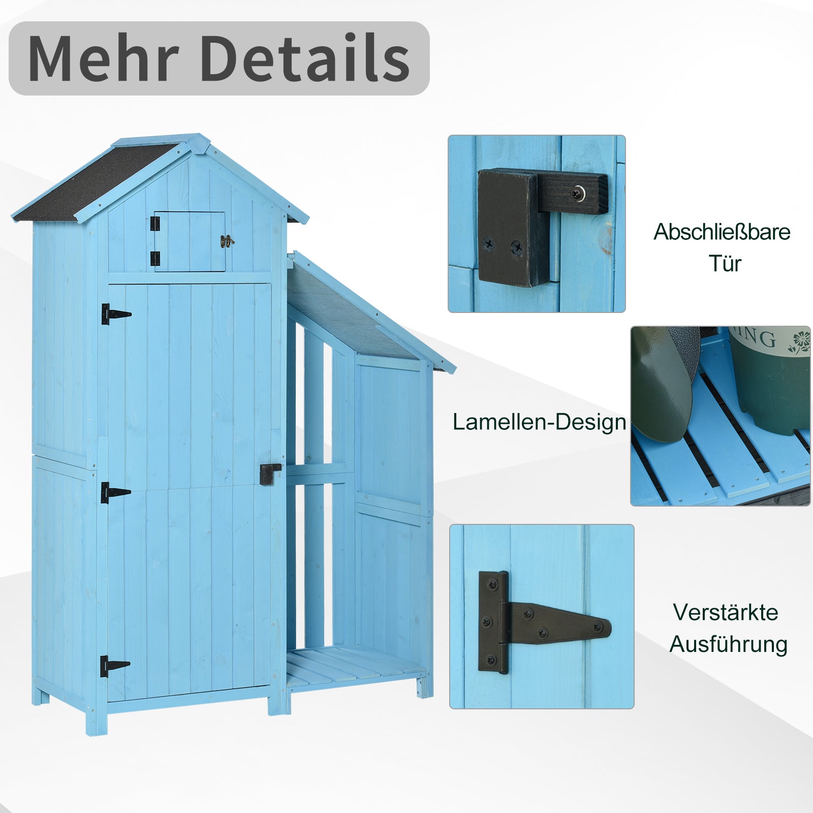 Outsunny Gartenhaus Gerätehaus Geräteschuppen mit Brennholzlagerraum Geräteschuppen mit 3 Ablagen Asphaltdach Tannenholz Himmelblau 130 x 54,5 x 180 cm