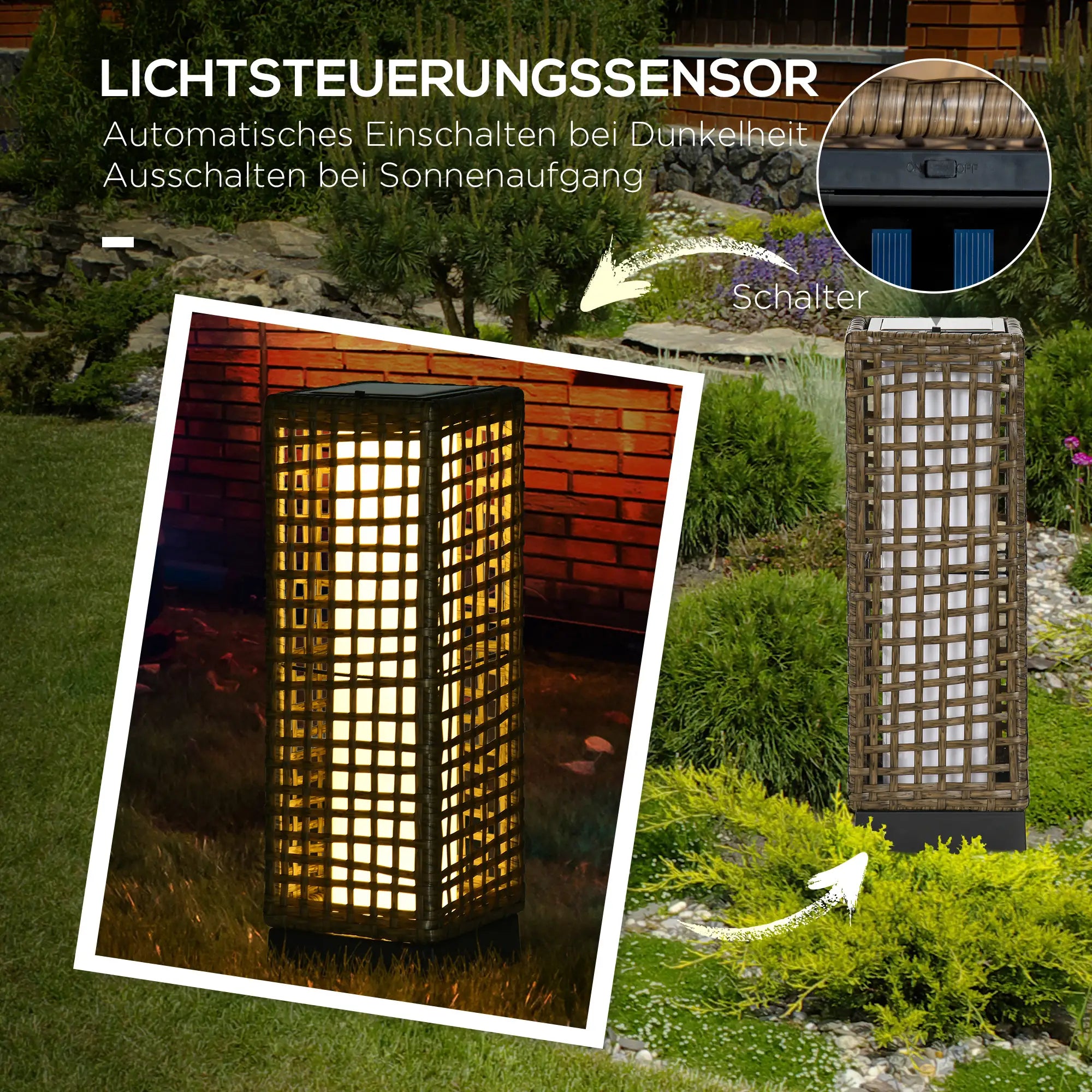 Outsunny Außenleuchte, Gartenlampe, Solarbetrieb, 8h Leuchtdauer, Einschaltautomatik, Rattanoptik, 15,5 x 15,5 x 46 cm