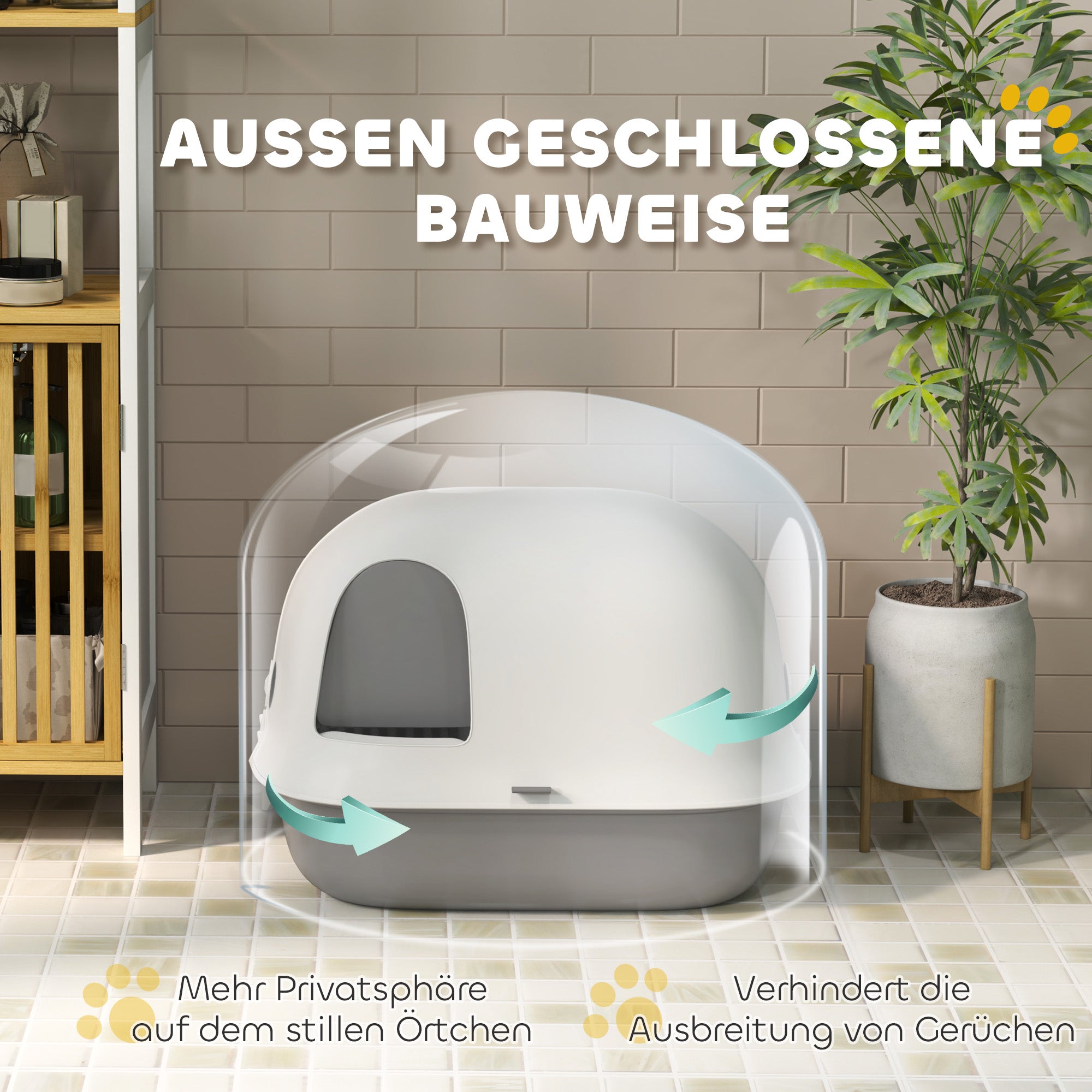 PawHut Katzentoilette mit Deckel, Katzenklo mit internem Kanal, Tür, Schaufel, leicht zu reinigen, Kunststoff, Hellgrau