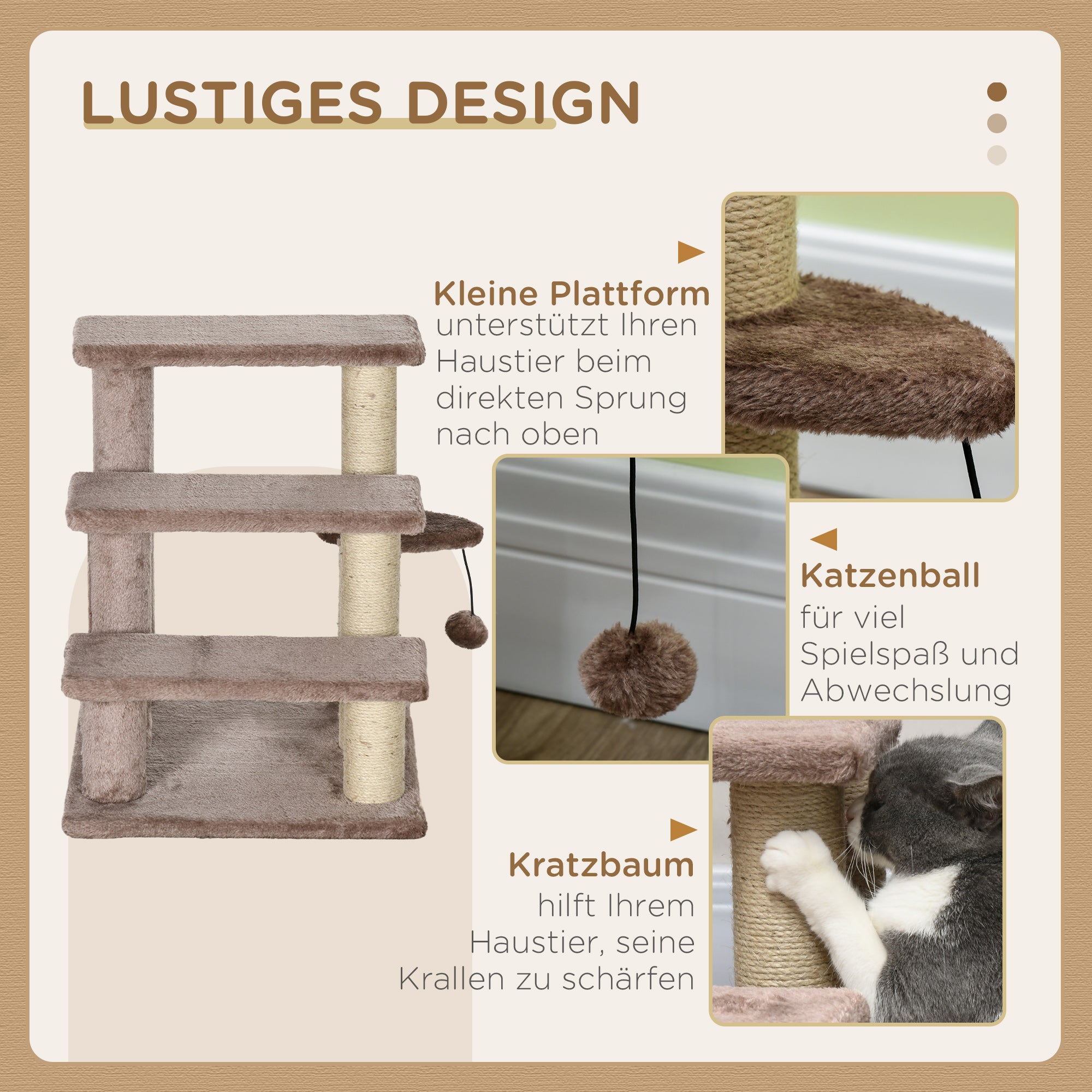 PawHut Kratzbaum, Haustiertreppe, 3 Stufen, Spielball, bis 5 kg, 45x40x48cm, Braun