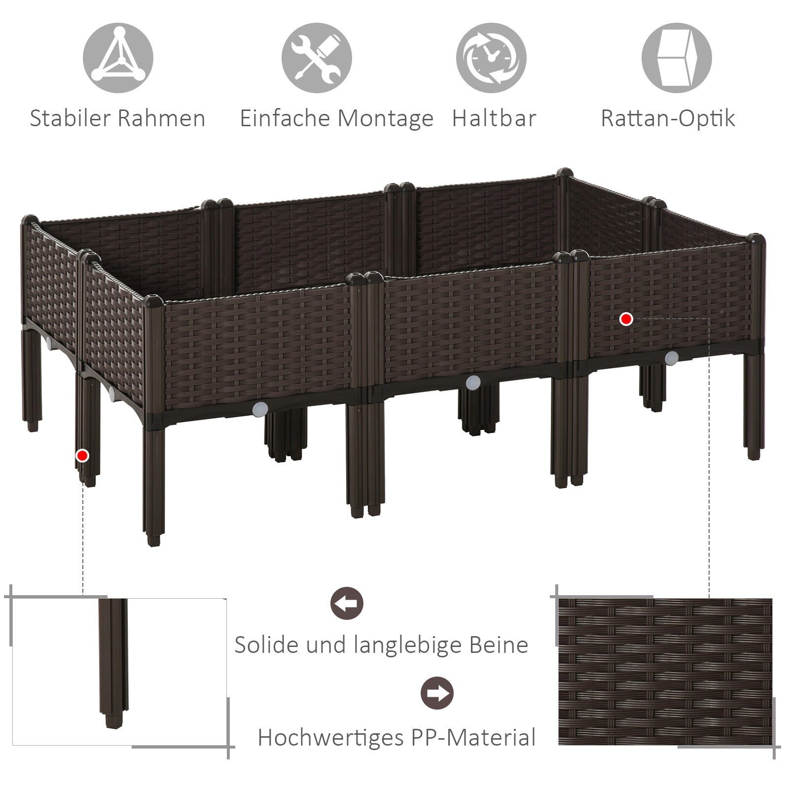 Outsunny Hochbeet 6-teiliger Pflanzkasten mit Abflusslöchern Rattan-Look Blumenkasten DIY Braun 40 x 40 x 44 cm