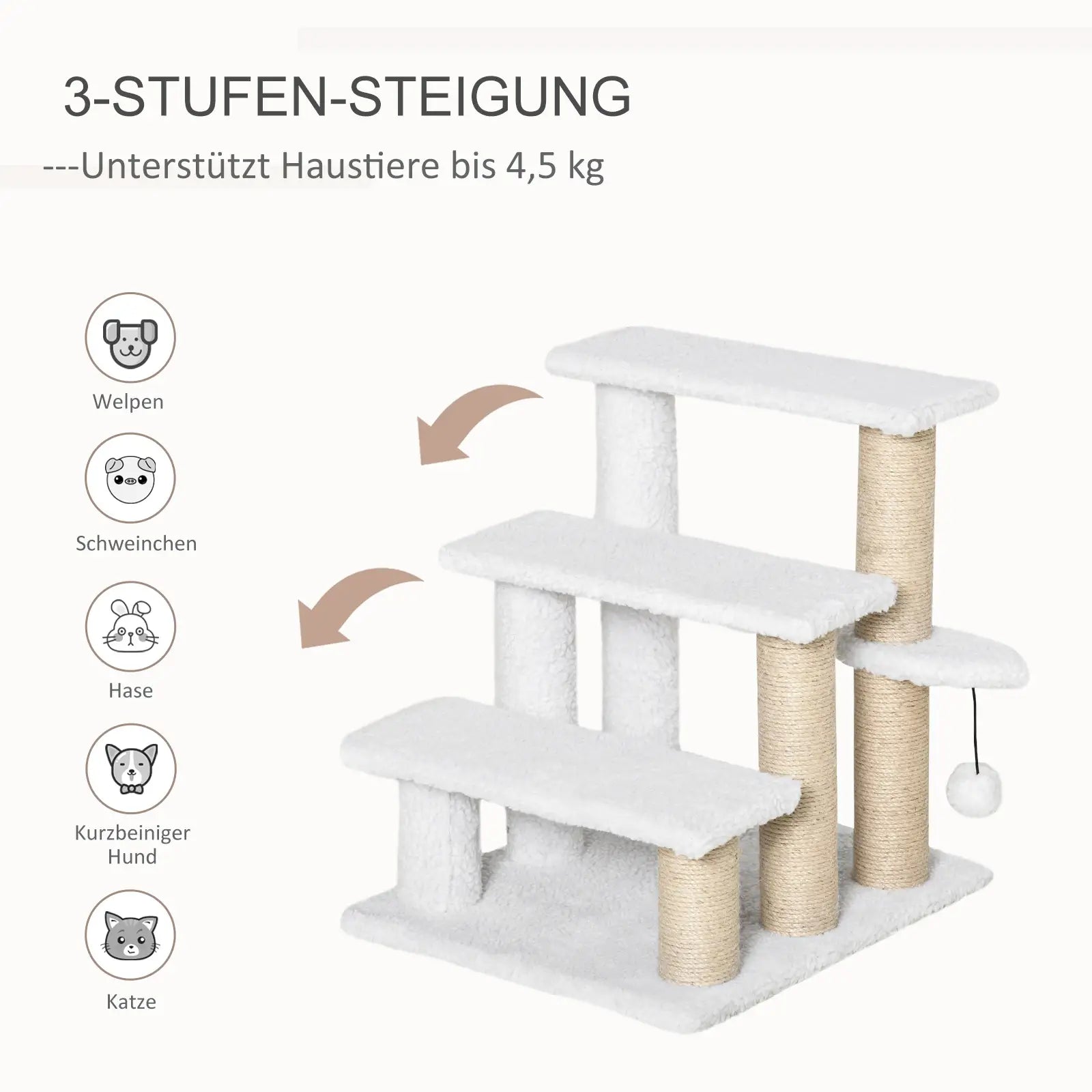 PawHut 3-stufige Haustiertreppe mit Kratzsäulen & Spielball