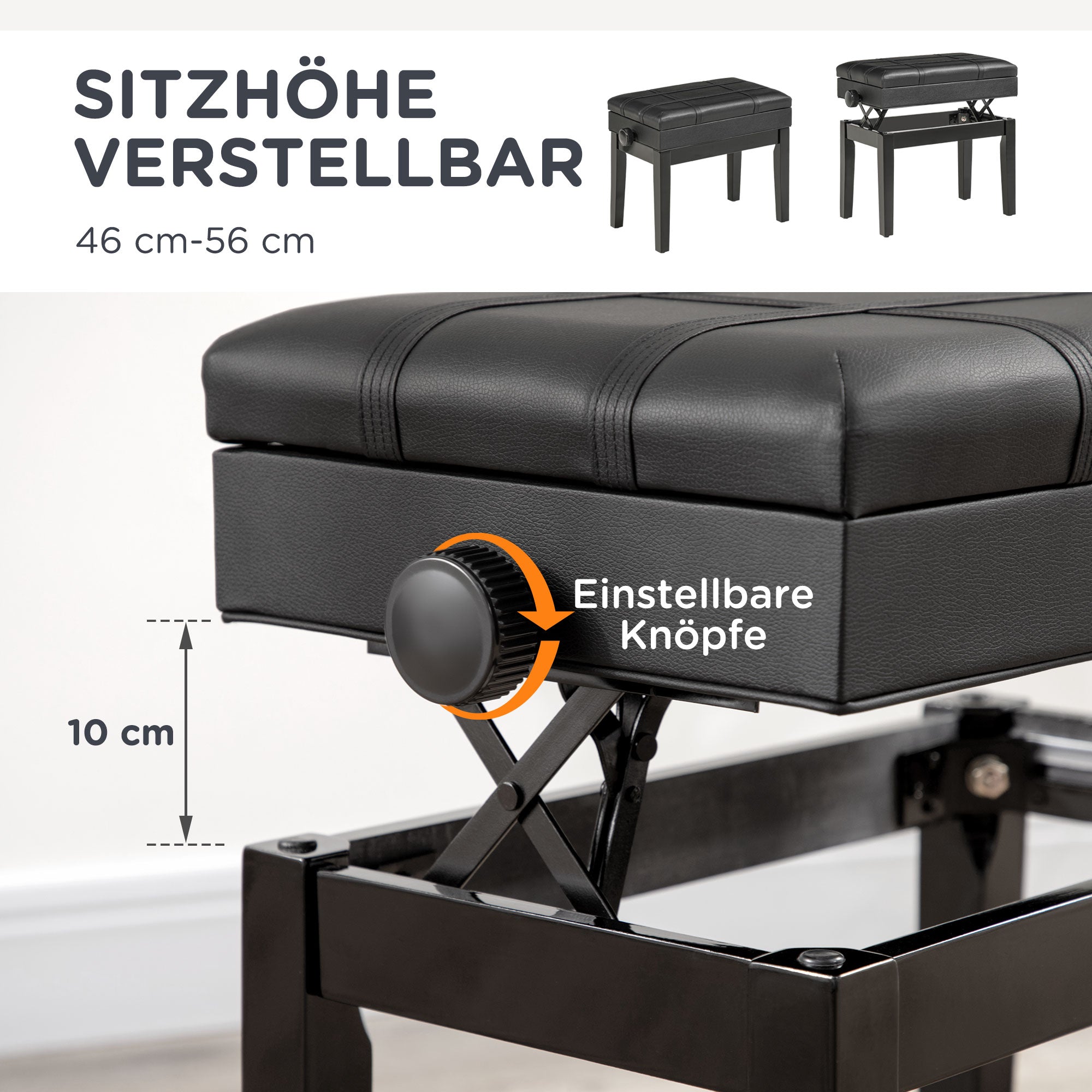 HOMCOM Klavierbank mit versteckten Stauraum, Sitzhocker, höhenverstellbar, Kunstleder, Schwarz