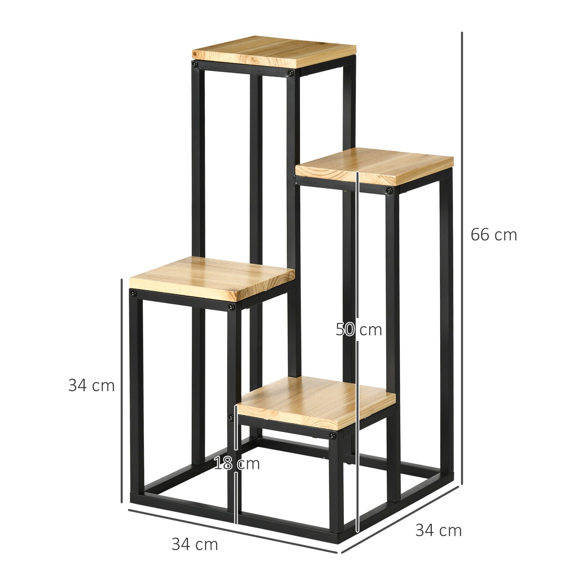 Outsunny Pflanzenständer im Industrie Design mit 4 Regalen, Blumentreppe, 34 cm x 34 cm x 66 cm, Natur + Schwarz