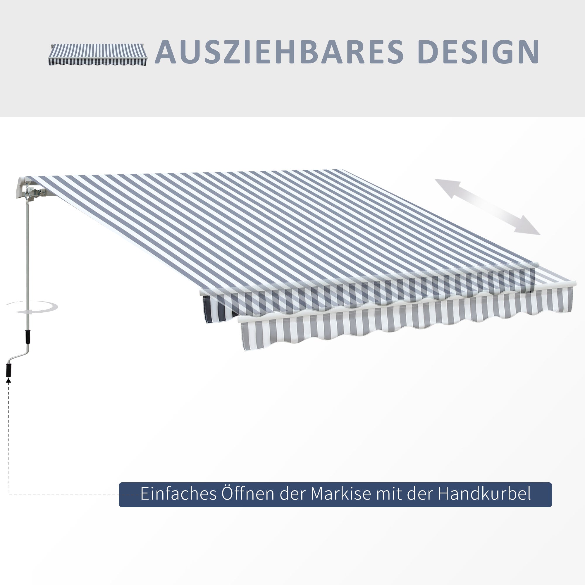 Outsunny Markise Gelenkarmmarkise Sonnenschutz Handkurbel Balkon Alu Grau Weiß 2,95 x 2,45 m