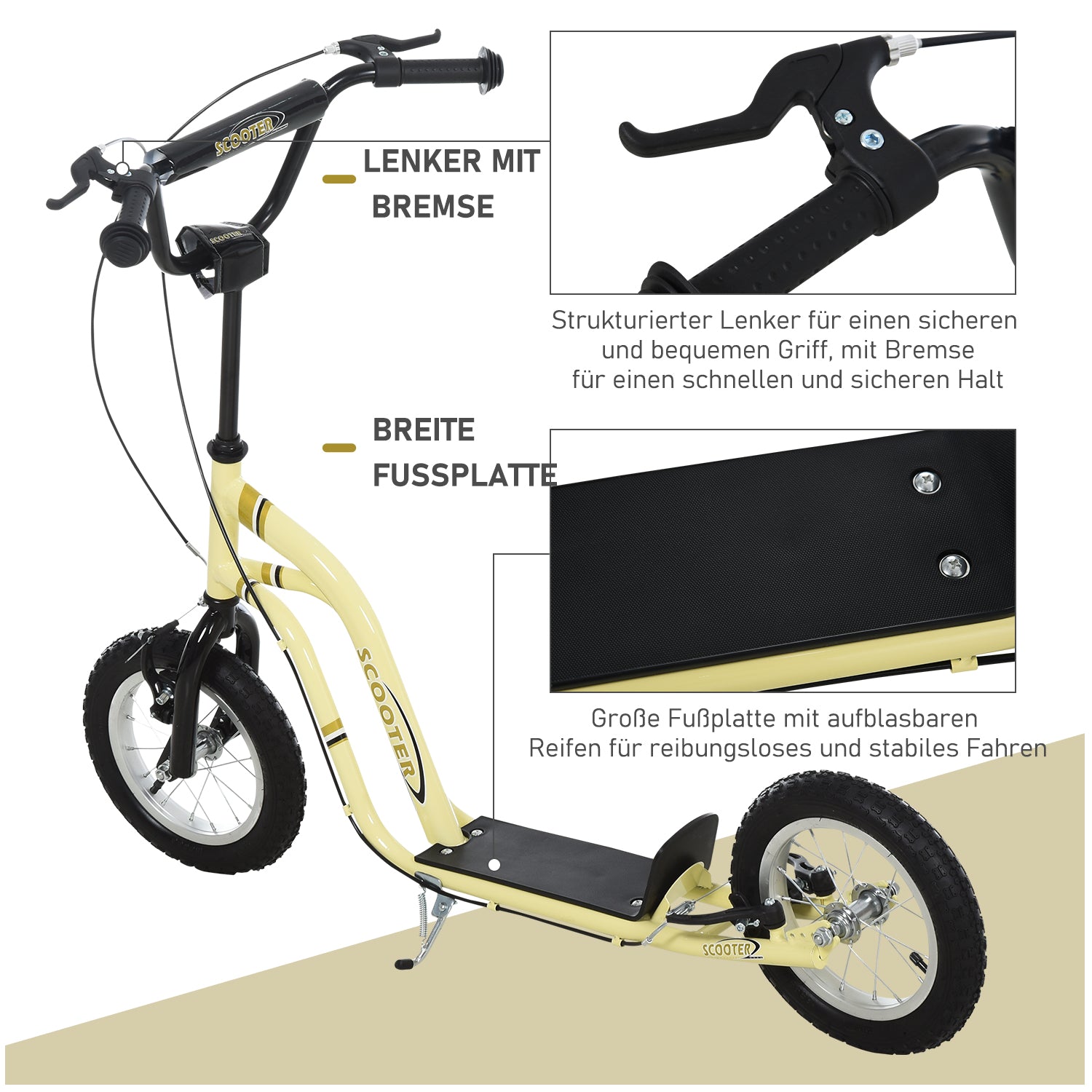 HOMCOM Kinderroller ab 5 Jahre Scooter Kinderscooter Tretroller Cityroller Kinder Roller Kickboard mit Luftreifen 12 Zoll Gummi Aluminium Beige 120 x 58 x 85-95 cm