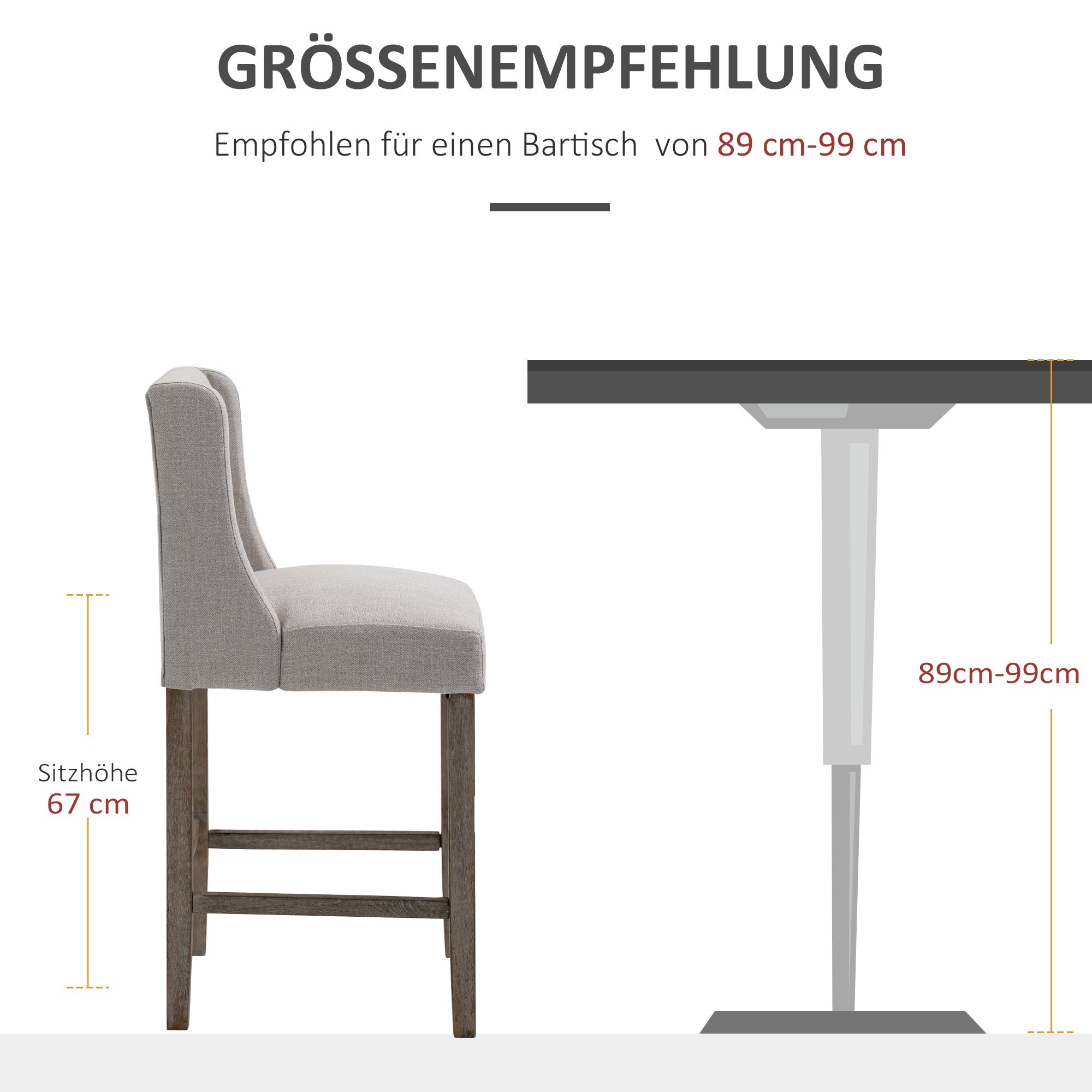 HOMCOM 2er-Set Barhocker mit lehne Barstühle mit Knopfheftung, Massivholz, inkl. Fußstütze, 47 cm x 50 cm x 101 cm, Grau + Natur