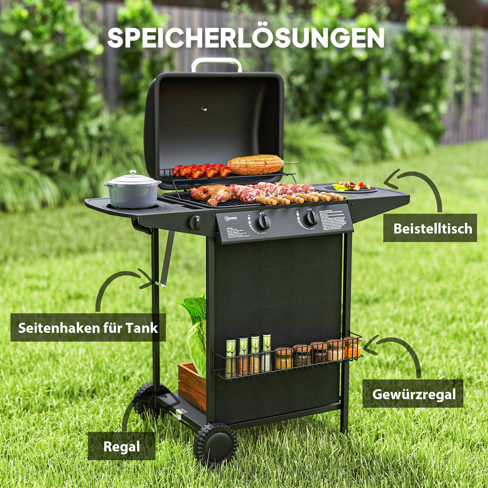 Outsunny Gasgrill 7 KW Grillwagen inkl 3 Brenner Seitenkocher Rolle Deckel 107 x 54 x 96 cm Schwarz