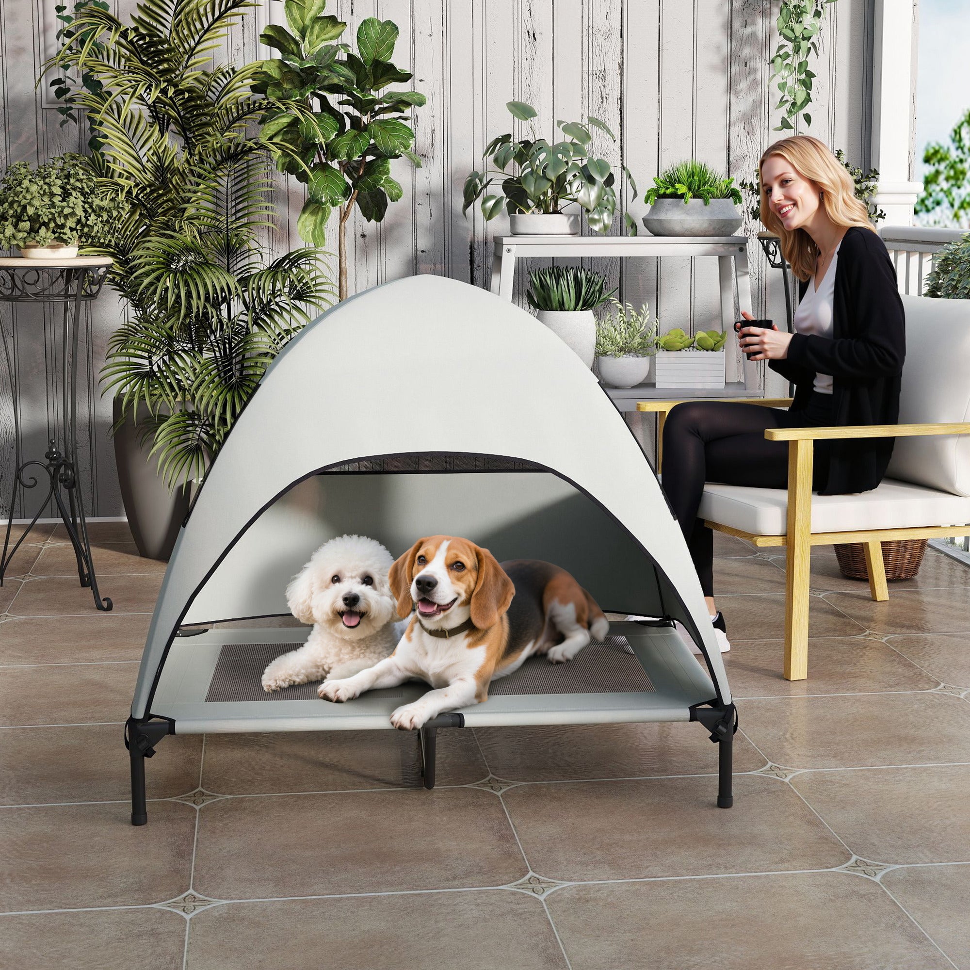 PawHut Hundeliege Outdoor mit Dach, Erhöhtes Hundebett für Große Hunde, 106 x 76 x 99 cm, Hellgrau