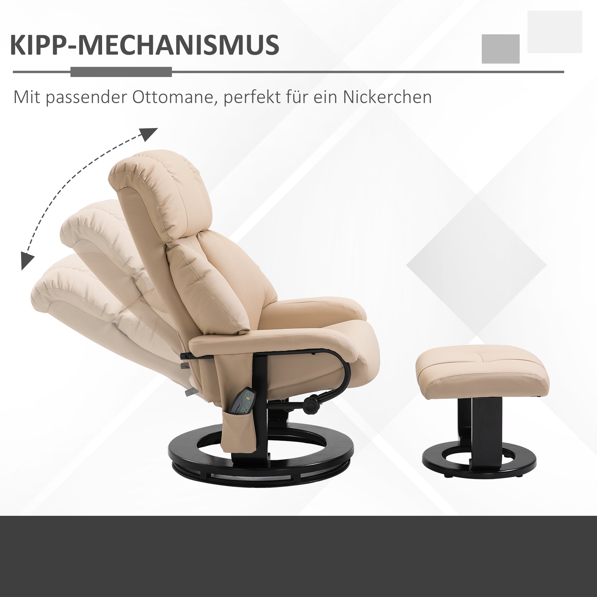 HOMCOM Relaxsessel mit Hocker, drehbarer Fernsehsessel mit Massagefunktion, Liegefunktion, Massagesessel mit Fernbedienung, Seitentasche, Ruhesessel aus Kunstleder für Wohnzimmer Cremeweiß