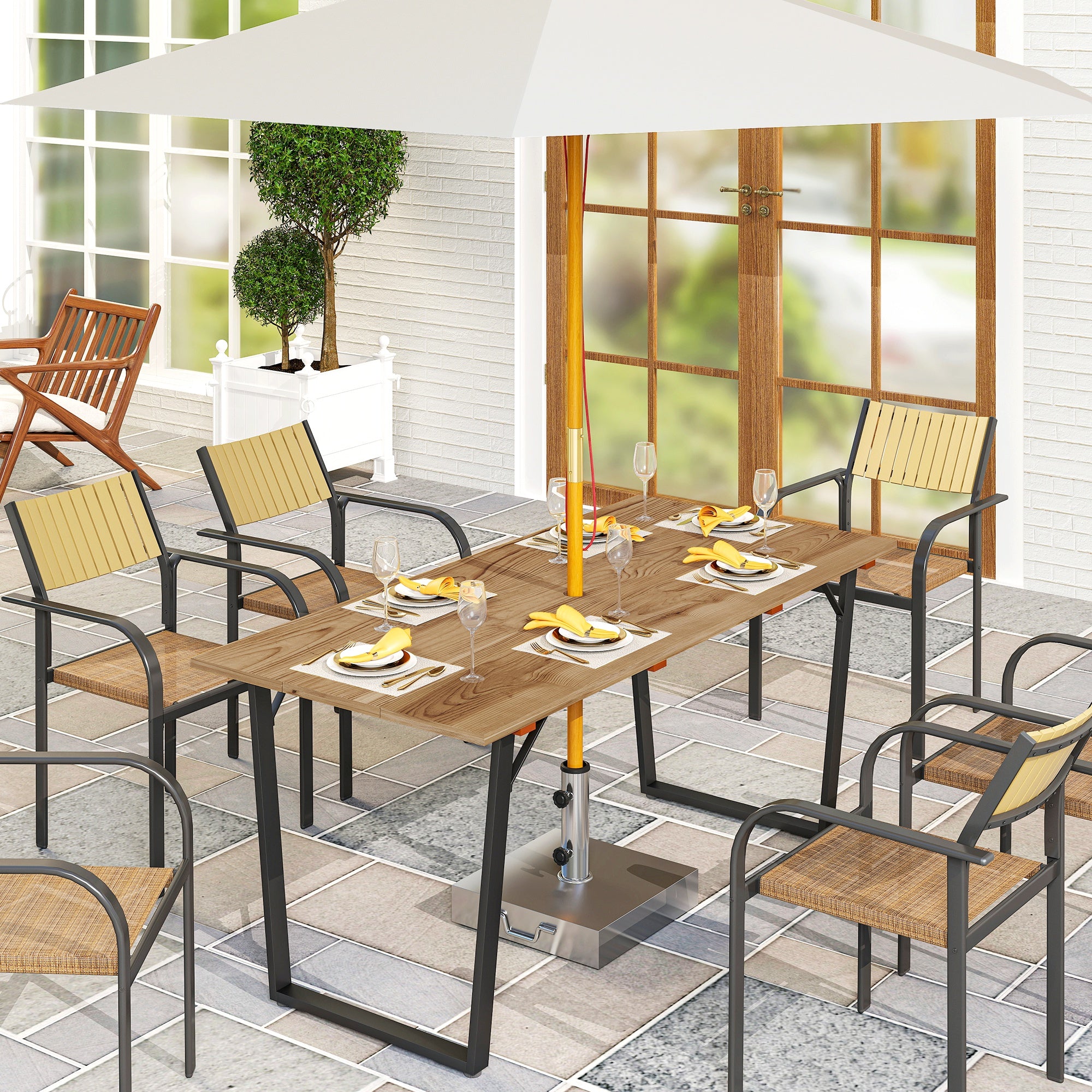 Outsunny Gartentisch Holz 175x80 cm Wetterfest Balkontisch mit Schirmloch Buffettisch für 6 Personen Braun