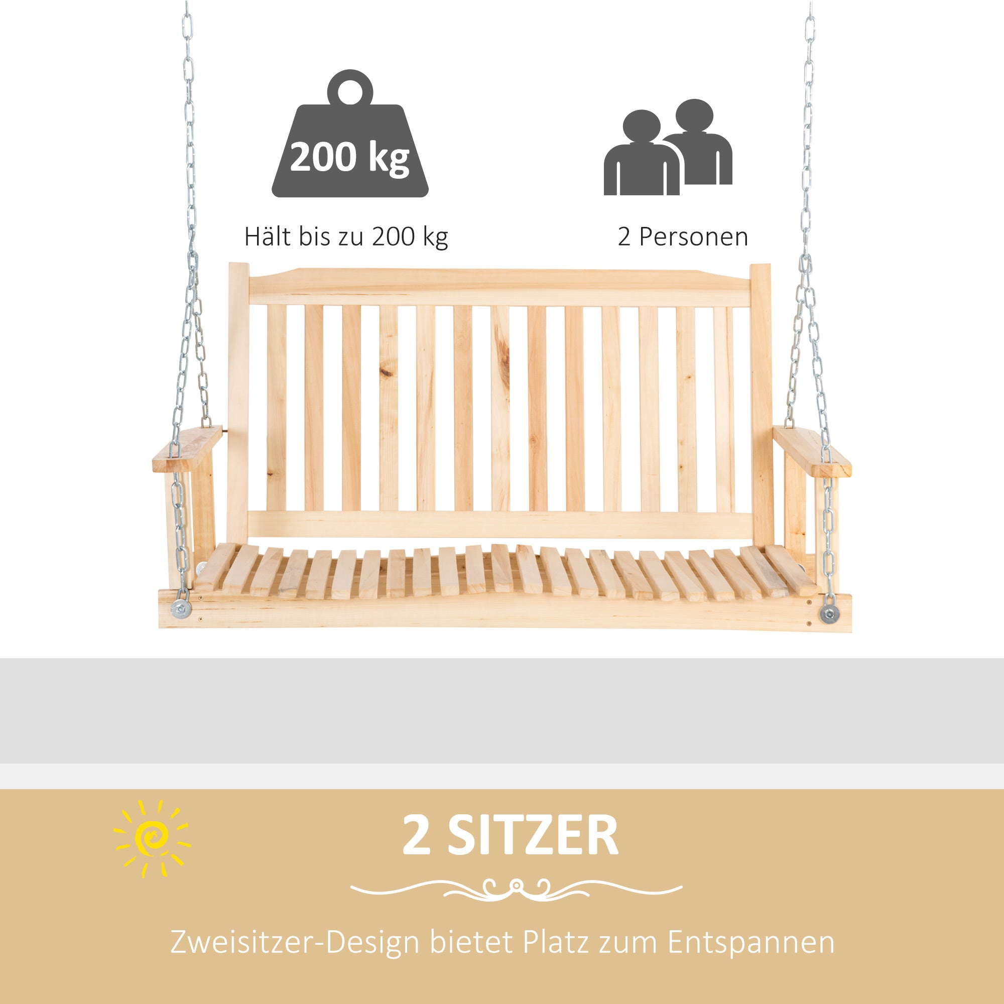 Outsunny Gartenschaukel für 2 Personen Schaukelbank Hängebank Massivholz Patio Terrasse Hinterhof Natur 117 x 69 x 60 cm
