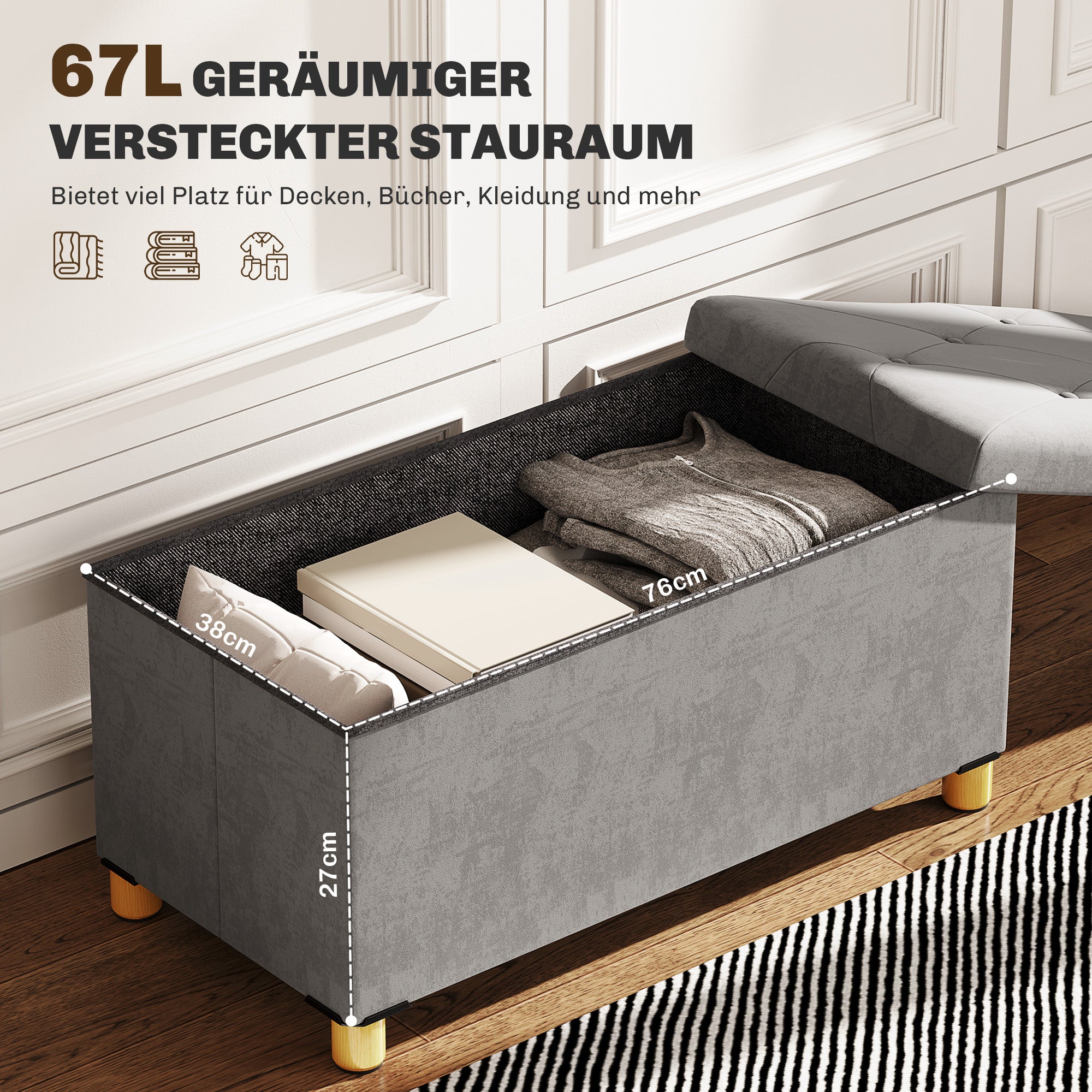 HOMCOM 67 Liter Aufbewahrungsbank, mit Stauraum und Deckel, weicher Bezug in Samtoptik, für verschiedene Räume, Grau