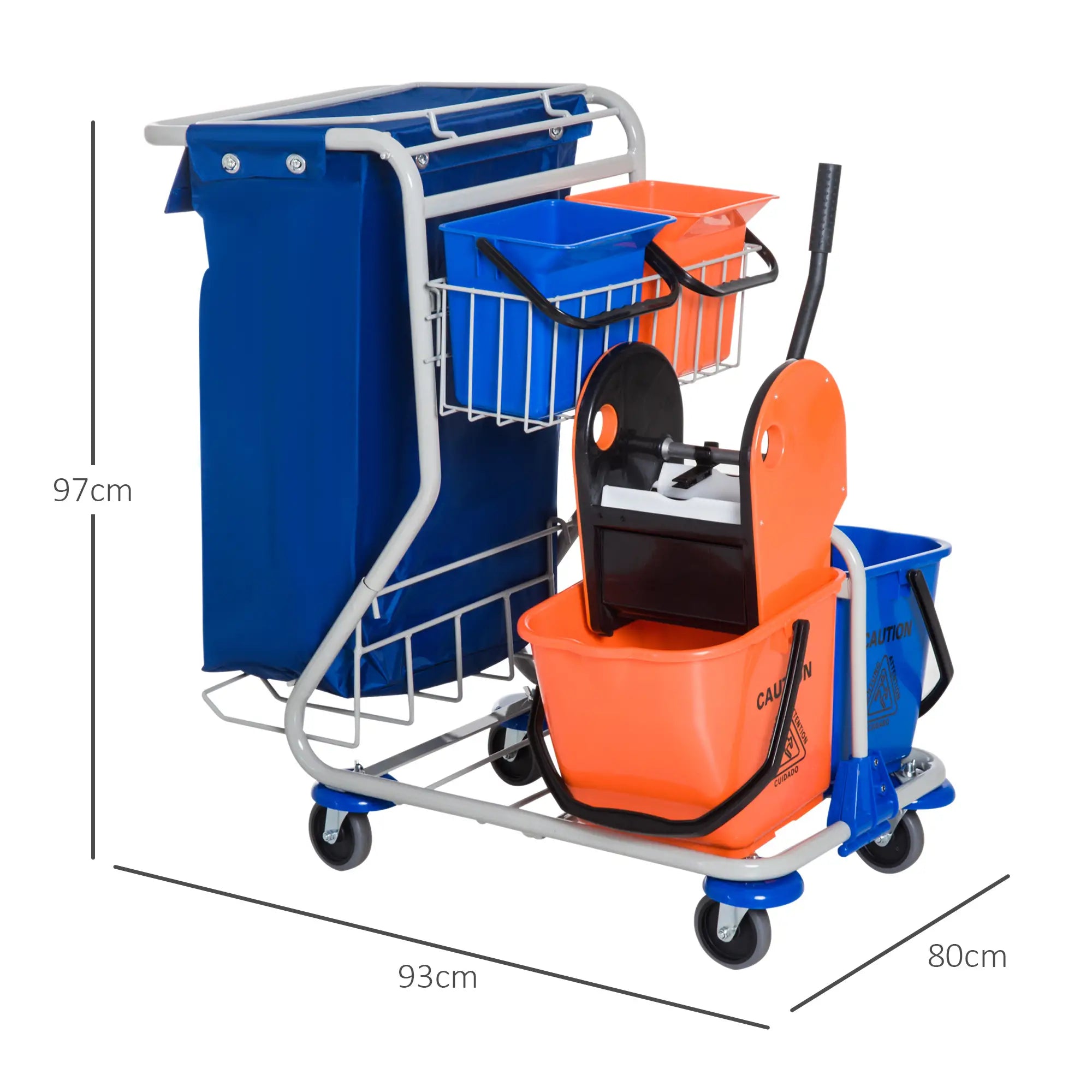 HOMCOM Reinigungswagen Putzwagen 4 Eimer Mopp-Presse Abfallsack