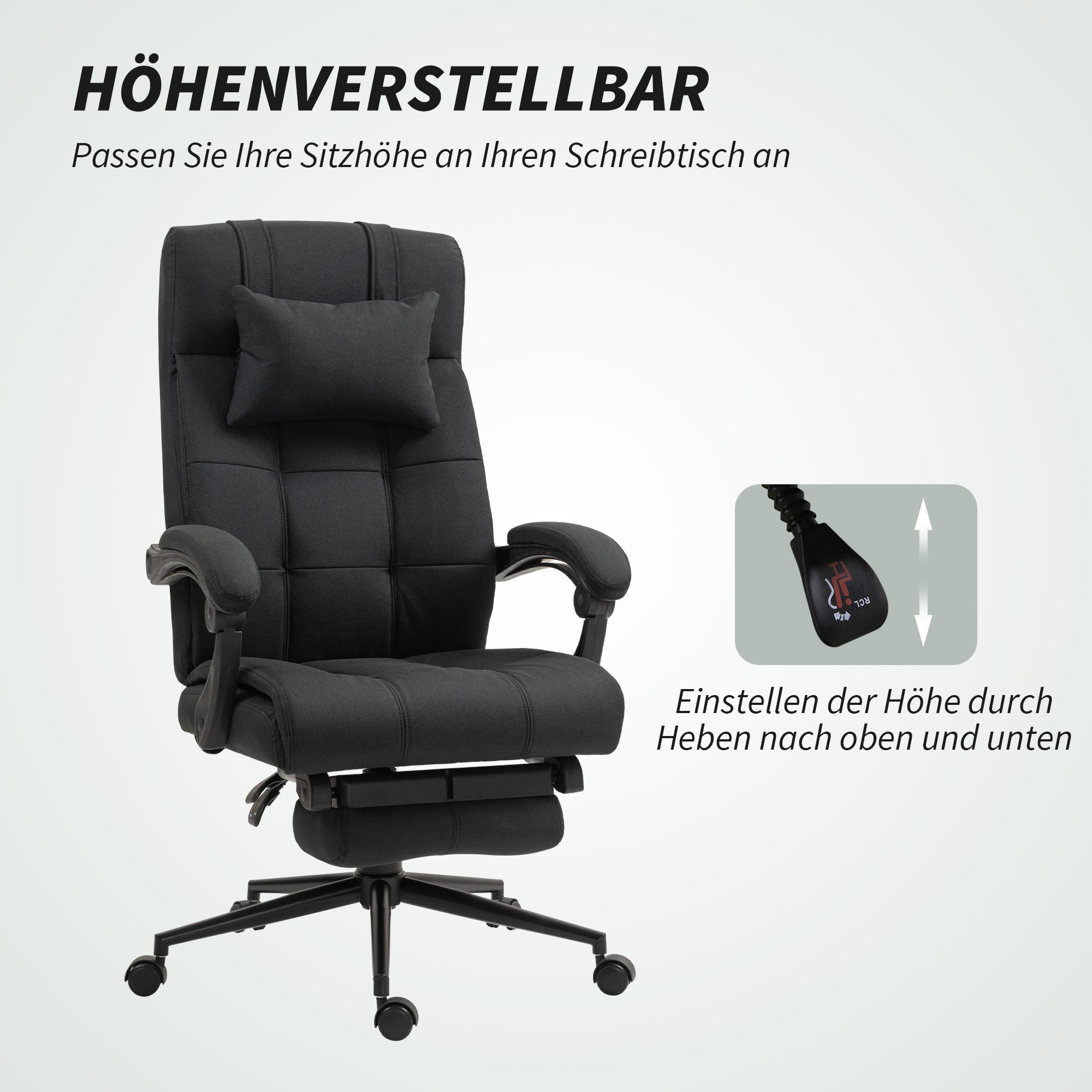Vinsetto Bürostuhl mit Fußstütze, Schreibtischstuhl, Drehstuhl mit Kopfstütze, Schwarz