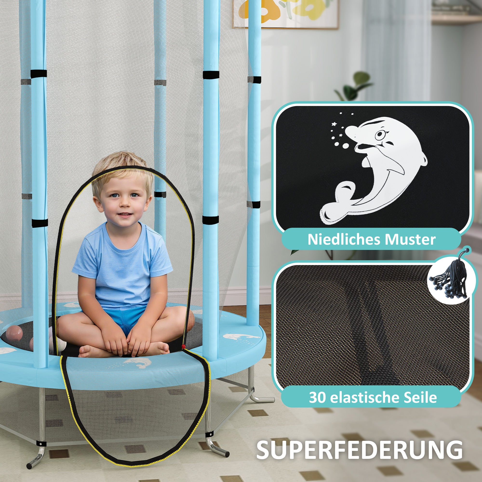 AIYAPLAY Kindertrampolin mit Sicherheitsnetz, für den Innen- und Außenbereich, 3-6 Jahre, Hellblau